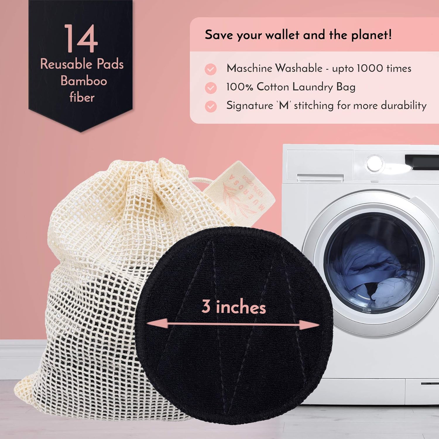 MUEROSA 14 pcs Reusable Bamboo Makeup Remover Pads | 100% Natural Bamboo Fiber Rounds | Soft Face Pads Facial Cleasing Skincare Set (14 Pads + Bamboo Holder + Laundry Bag, BLACK EDITION) : Beauty & Personal Care