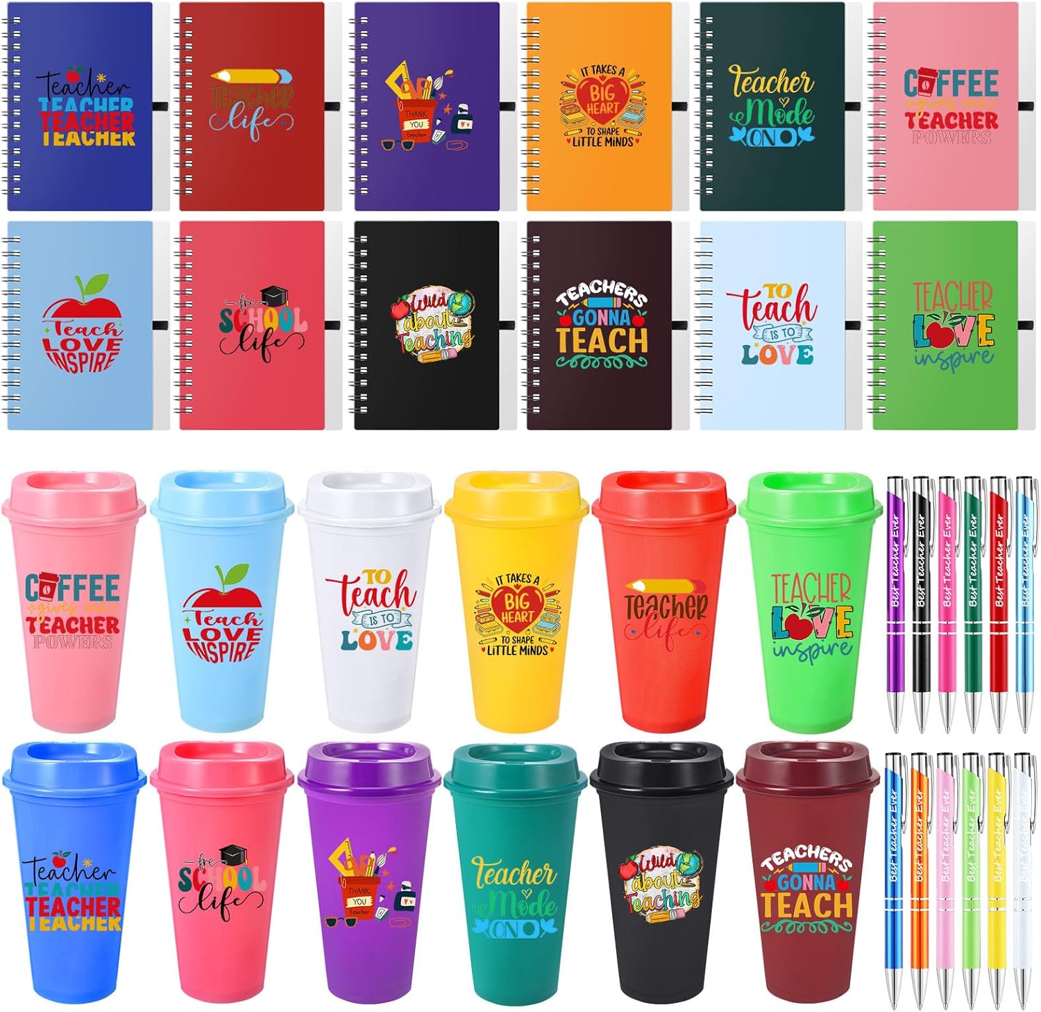 Skylety 36 Pcs Teacher Appreciation Gift Bulk, Christmas End of Year Thank You Gifts, 16 oz Reusable Plastic Coffee Cup with Lid, Inspirational Notebooks and Ballpoint Pens(Teacher Life)
