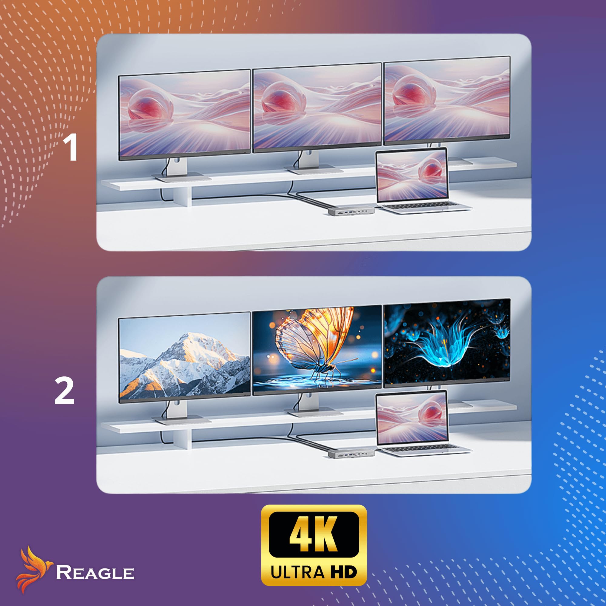 Reagle HUB USB-C 16 w 1 USB-C 2X HDMI, 1 x DP, 7X USB MST 4K60Hz stacja dokująca PD100W, LAN RJ45, Thunderbolt USB-C 3.2 10 Gb/sAudio 3,5 mm Micro SD TF 3.0