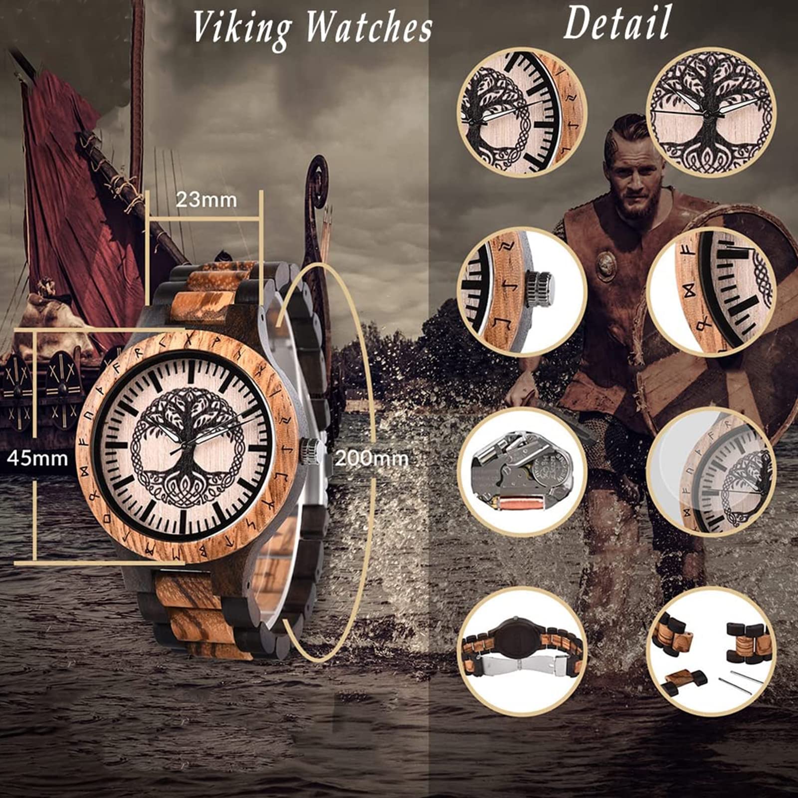 AVLUZ Reloj de pulsera de madera con diseño de árbol de la vida vikingo, hecho a mano, con mitología nórdica, correa ajustable, reloj de cuarzo analógico, caja de reloj de madera