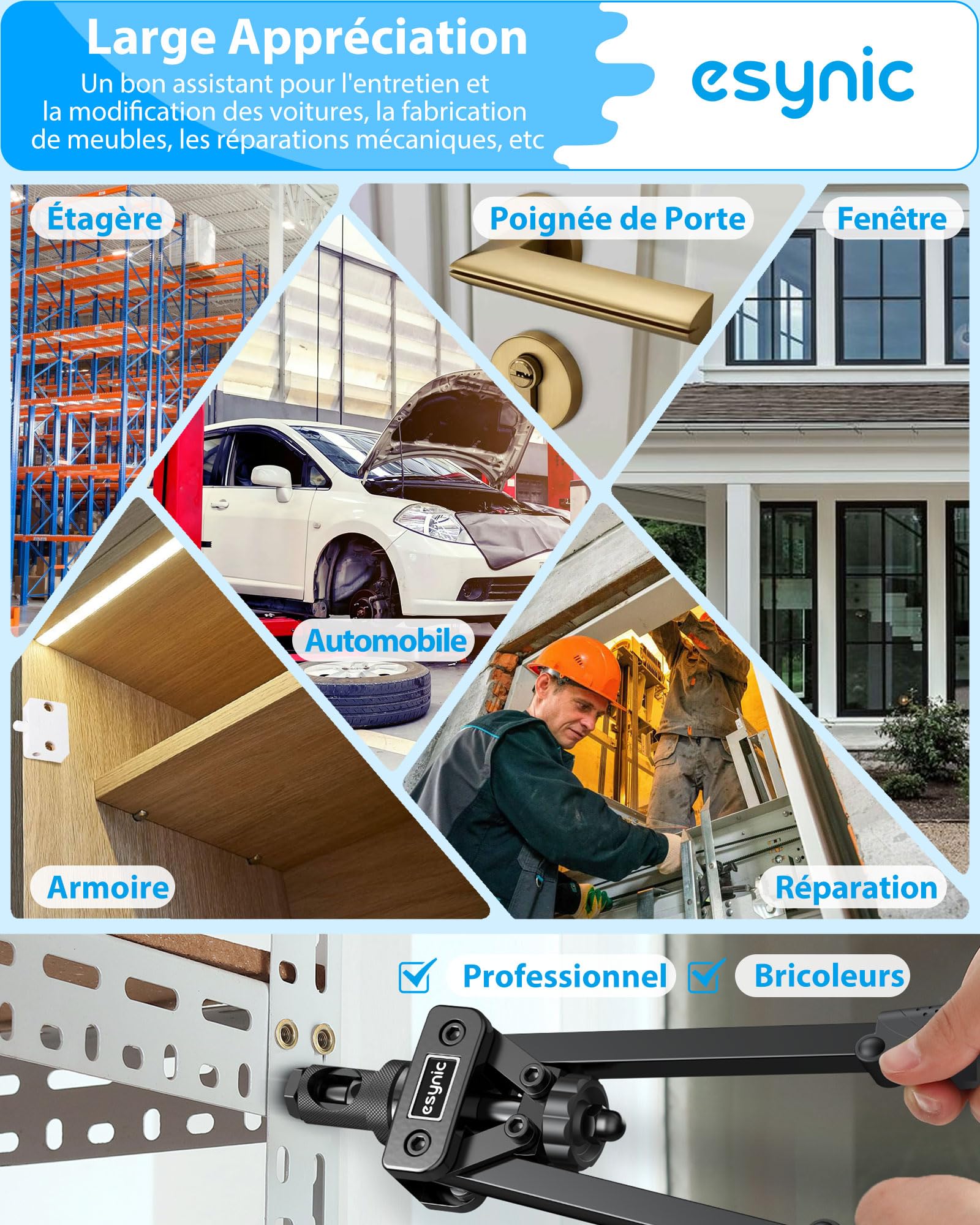 eSynic 14" Pince à Rivet Insert avec 6pcs Mandrins Métriques M3 M4 M5 M6 M8 M10 125pcs Écrous Pince à Insert Fileté avec Étui de Transport Kit de Pince à Écrou Fileté Économie de Main-d'œuvre - Noir