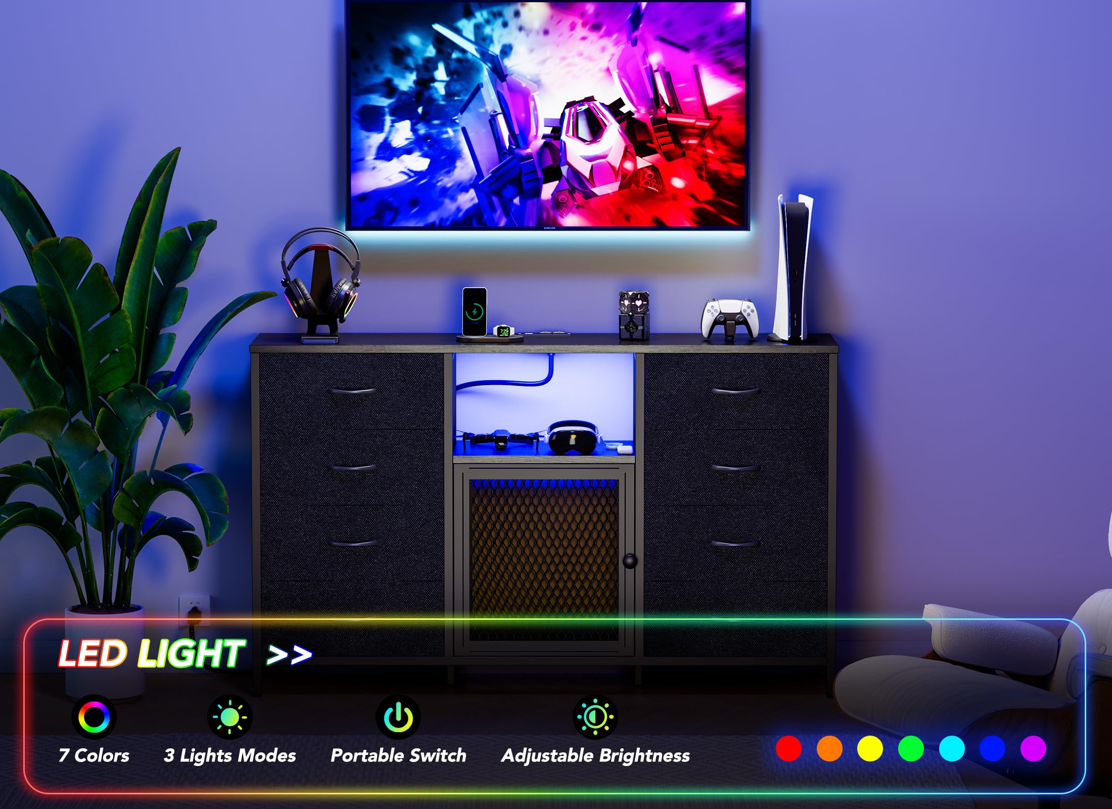 Decofy Dresser for Bedroom with LED Lights and Power Outlets, 8 Drawers TV Stand Dresser for 65 Inch TV, Fabric Chest of Drawers with Open Shelves,  Dressers for Bedroom, Closet