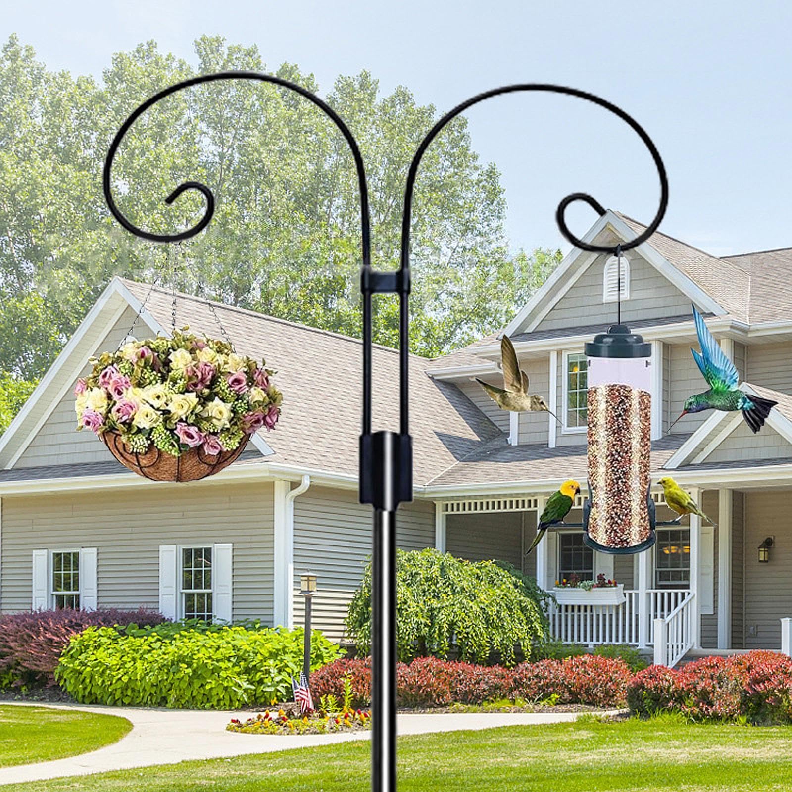LOVIVER Doppio Gancio da Pastore, Supporto da Giardino sospeso, palo per mangiatoia per Uccelli in Ferro, Gancio da Giardino per Decorazioni Nuziali, Altezza 2.4 M