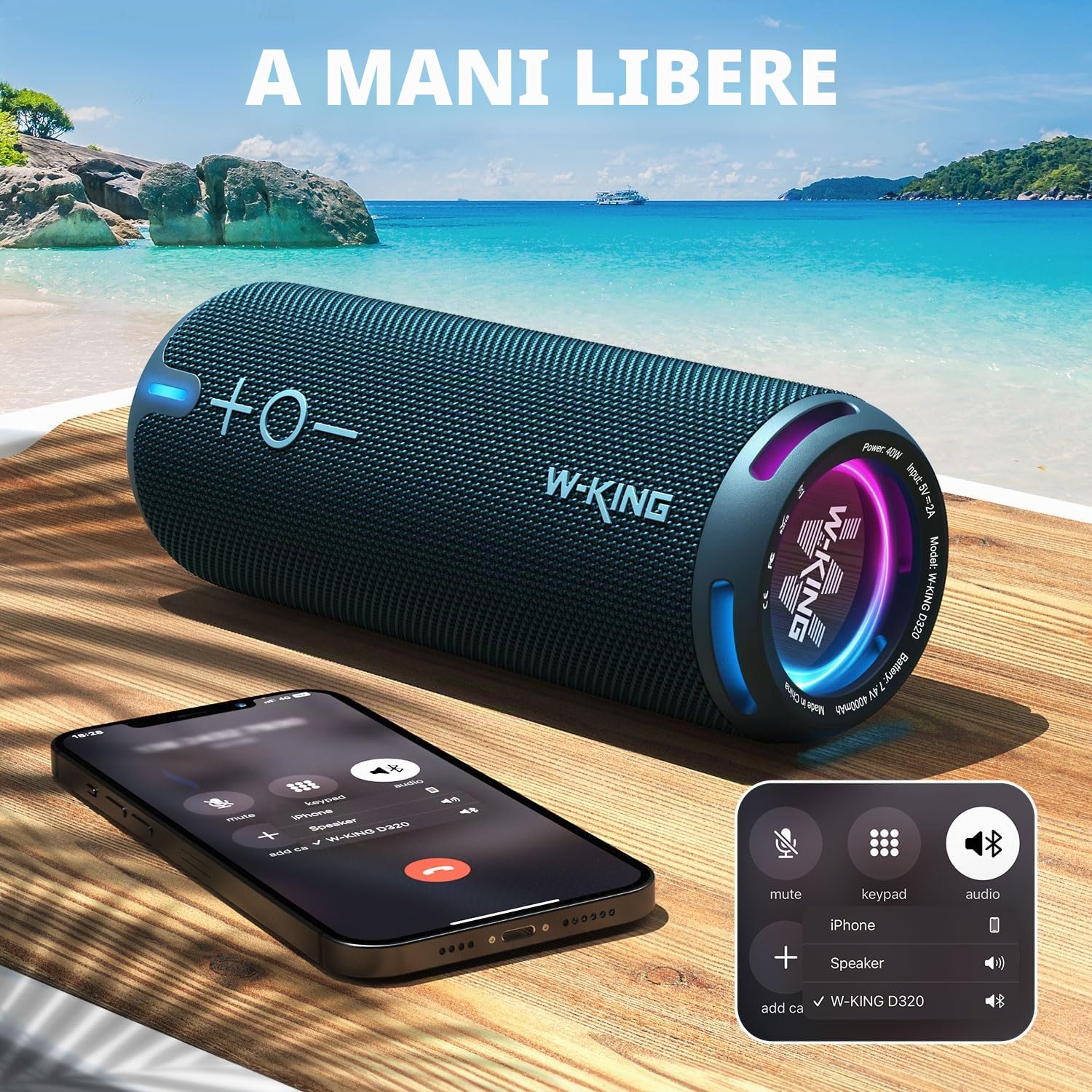 W-KING Cassa Bluetooth Potente Portatile, 40W Altoparlante Speaker Bluetooth Impermeabile IP67, APP EQ Personalizzata/Bassi Profondi, Audio Stereo 360° da Con Luci/V5.3/DSP/24H/TF/AUX,Per Doccia,Party