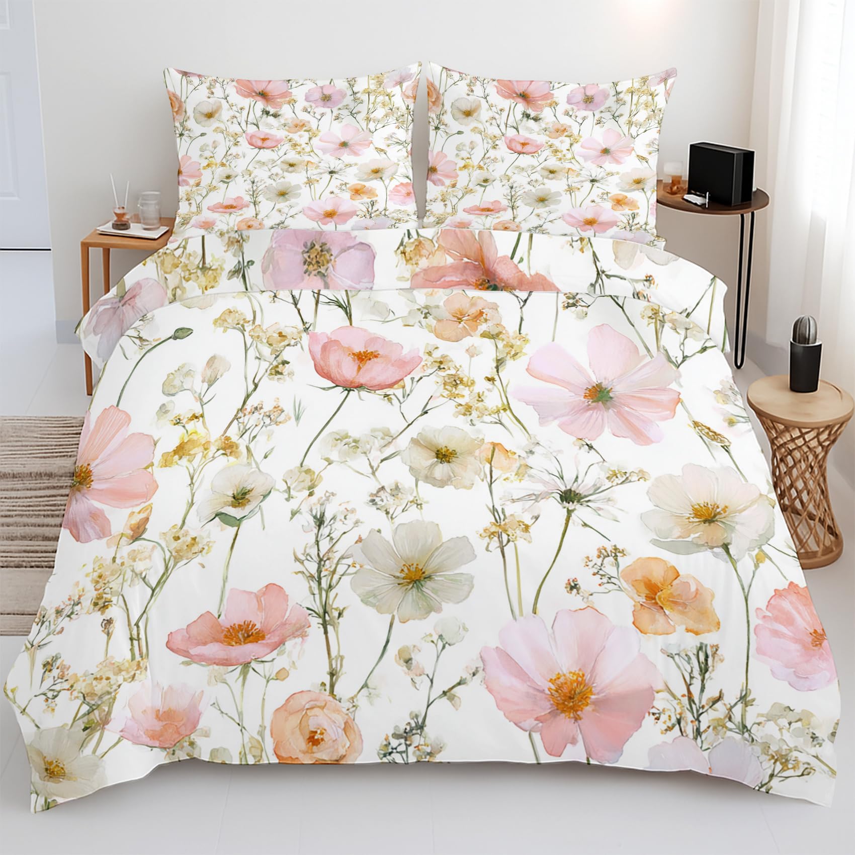 Housse de couette 200x200 fleurs sans repassage en microfibre anti-plis