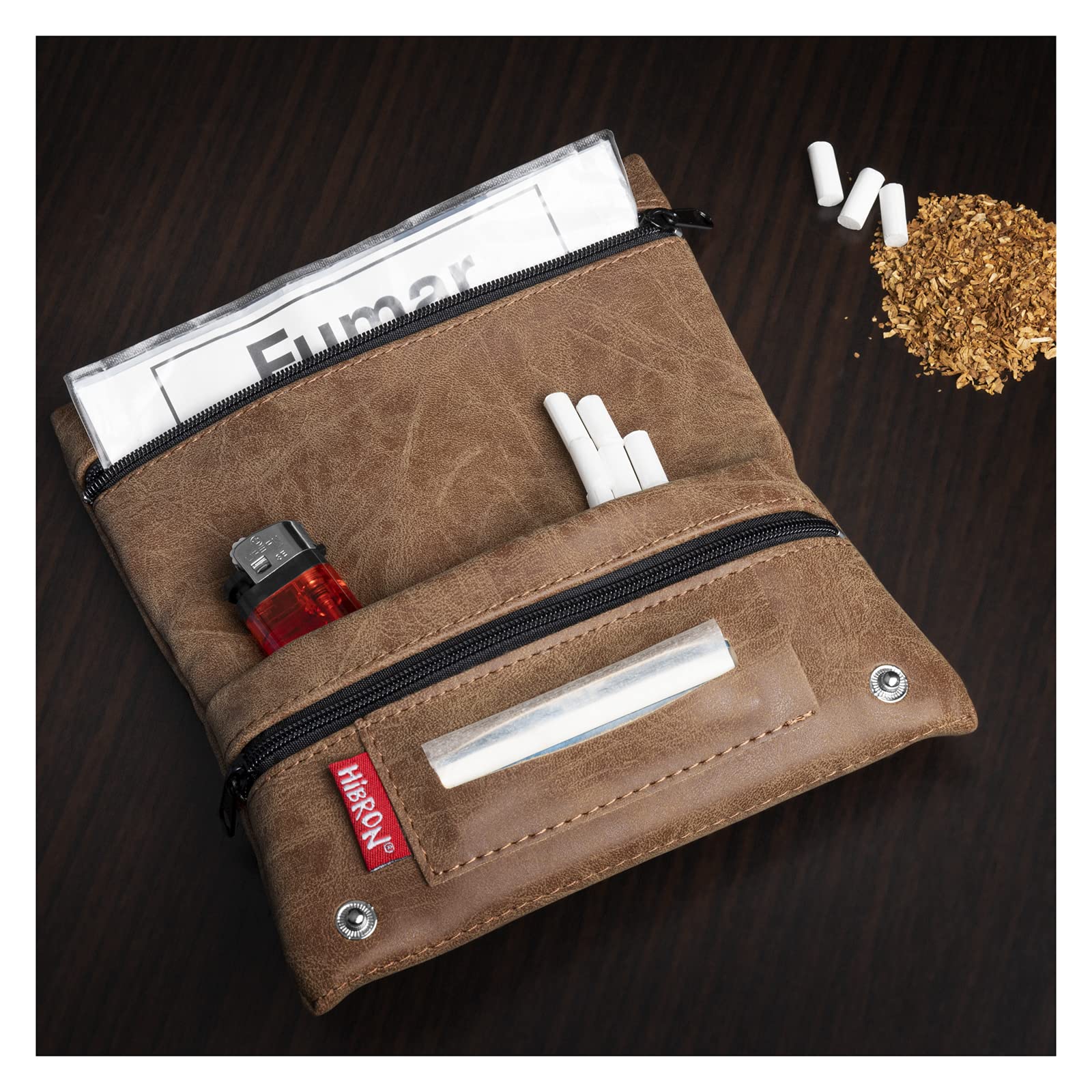HIBRON Tabaquera Pitillera Funda Bolso para Tabaco de Liar Cuero Marrón