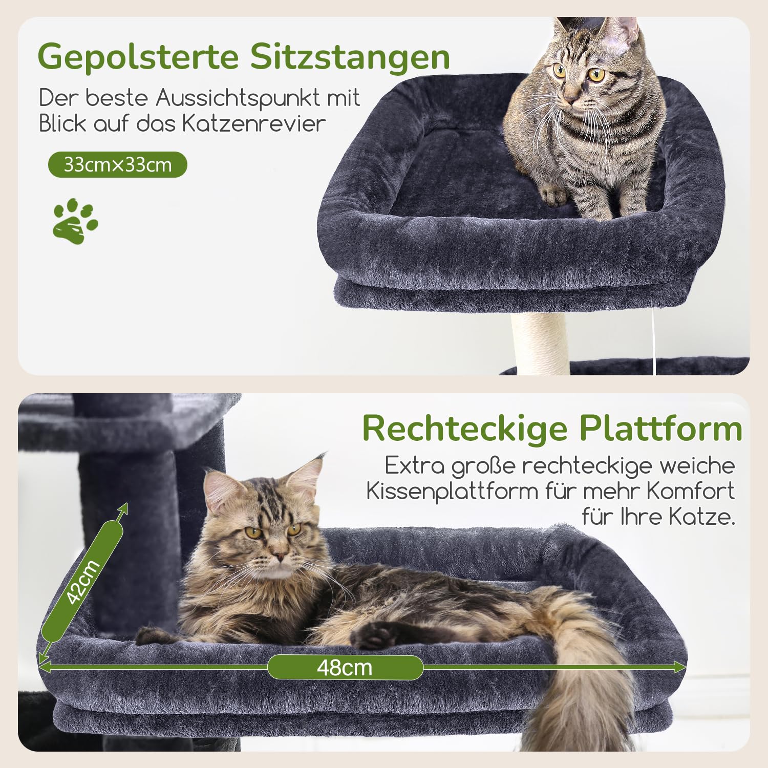 Globlazer Kratzbaum für Große Katzen 165 cm mit 2 Große Gepolsterte Plattform 48*42CM, Extragroß Hängematte, Katzenhaus, Sitzstangen, Stabil Katzenbaum mit Stützen für Schwere Katzen (S65, Dunkelgrau)