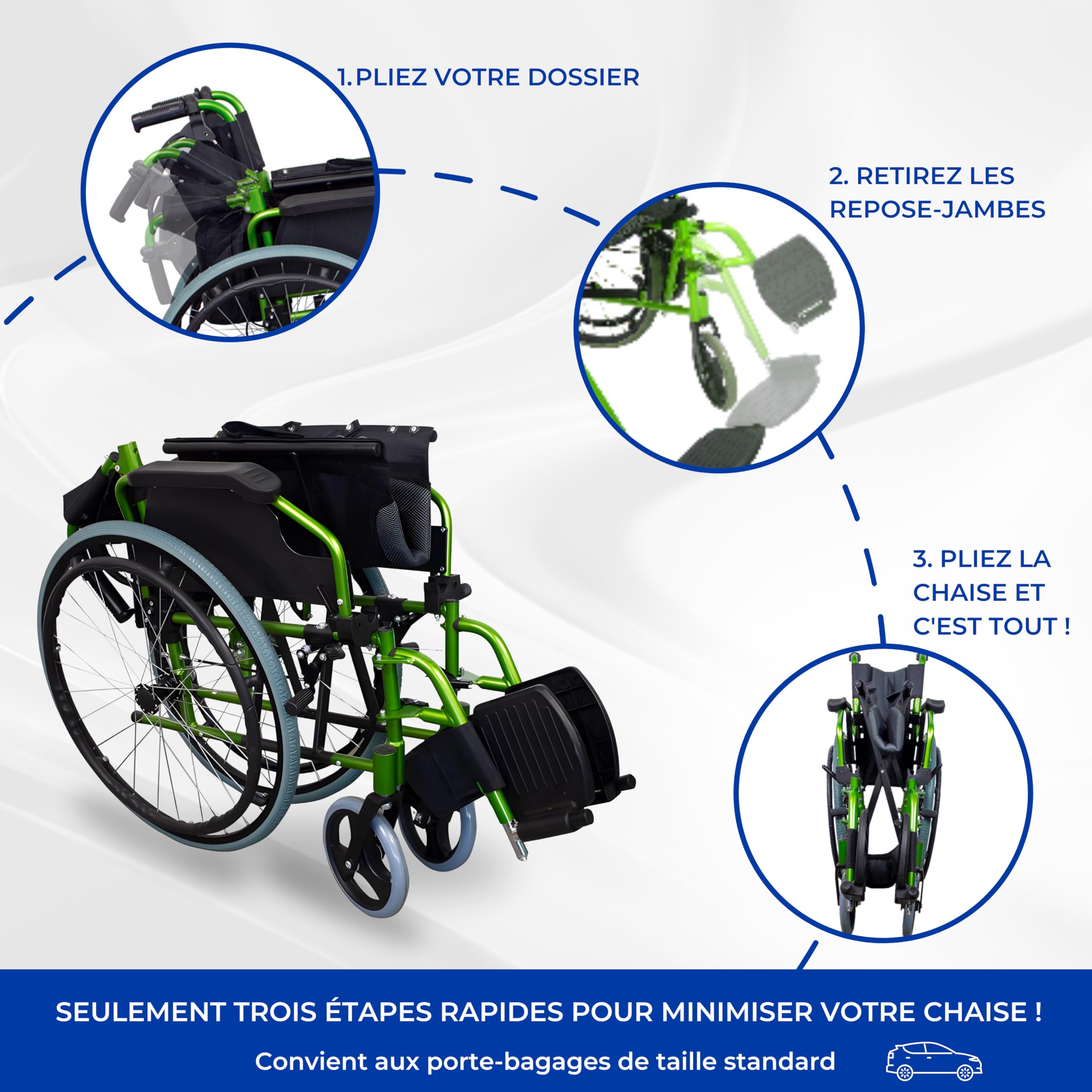 Mobiclinic®, Bolonia, Fauteuil roulant, Pliable et léger, Aluminium, Dossier divisible, Repose-pieds amovible, Pliables, Accoudoirs pliants, Pour adultes, Vert