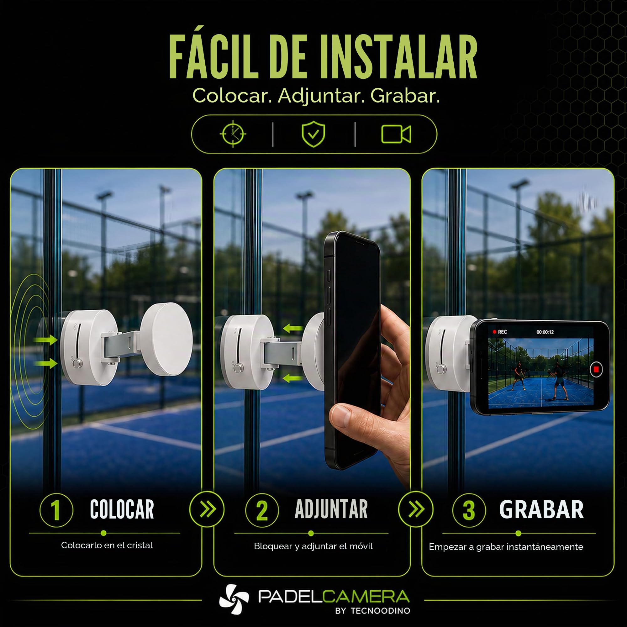 Padelcámara Soporte para móvil Registro de video Padel, Gym, Crossfit Base con imán, diseño único para smartphones, compatible con iPhone 16/15/14/13/12/Pro Plus MAX, Samsung (Negro)