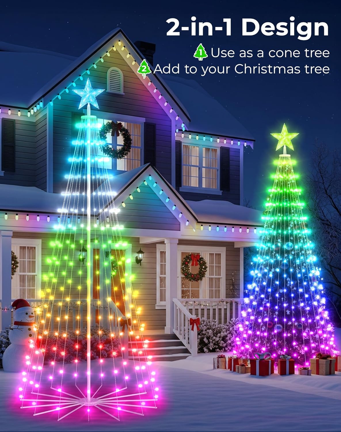 8FT Outdoor Christmas Tree Decorations Smart App Control, DIY Patterns Prelit Multicolor Outdoor Christmas Tree Light Show, Waterproof Magical String Lights with Remote Music Timer for Yard