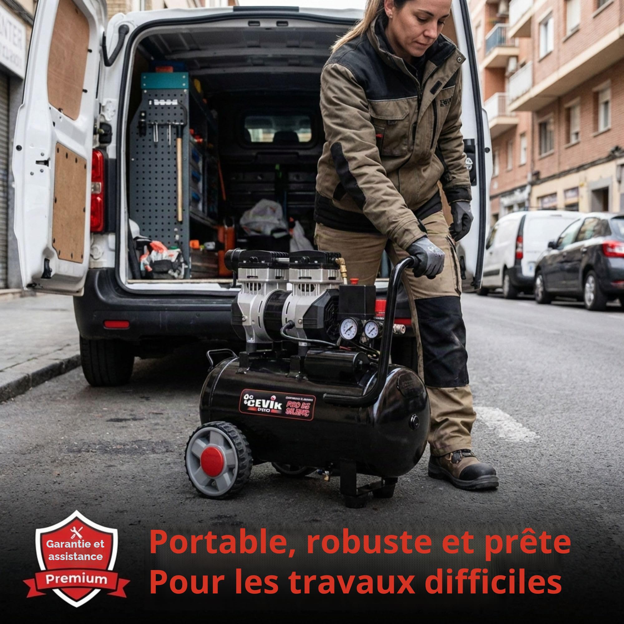 CEVIK PRO - CA-PRO25SILENC - Compresseur d’Air Silencieux - 59 dB - 25L - 1.5HP - Max 8 Bar - 150 l/min - Sans Huile - Deux Sorties d’Air - Compact Portable - Compresseur Peinture Outils Pneumatiques
