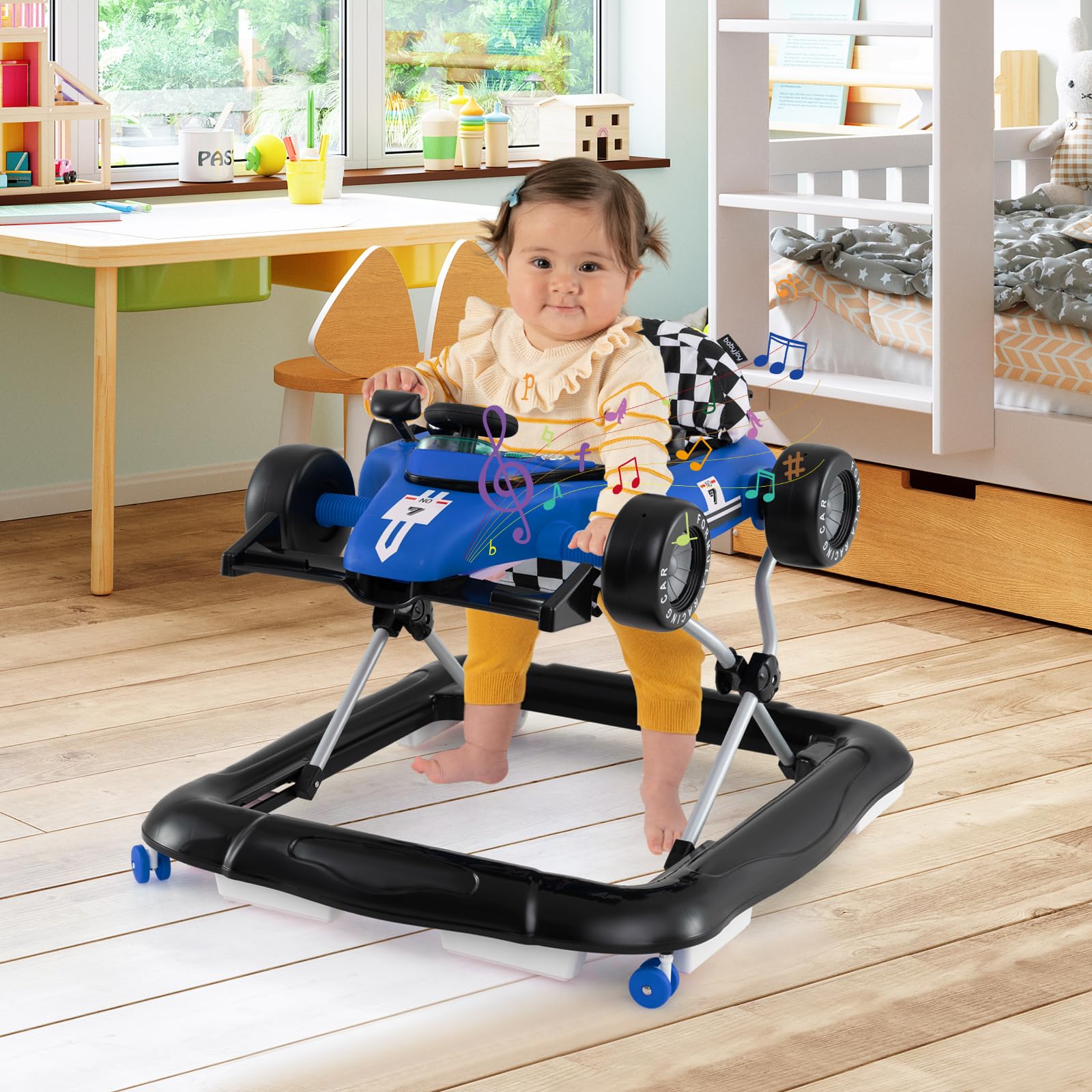 COSTWAY 4 in 1 Girello per Bambini, Altezza Regolabile a 3 Livelli, Passeggino per Bambini, con Volante Imbottito e Scatola Musicale, Portata 12 kg, per Bambini 6-18 Mesi (Blu)