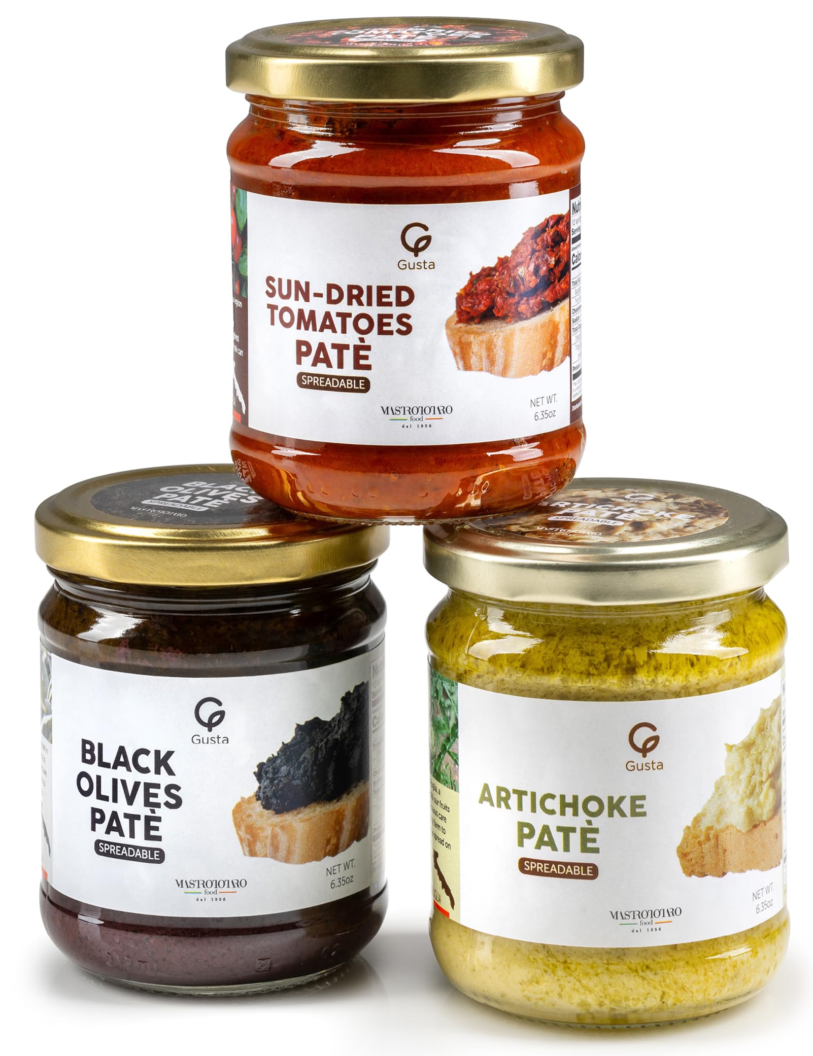 Gusta Variety Pack Spreadable Pates - Sun-Dried Tomato, Black Olive, Artichokes - Made in Italy Dip or Spread - Glass Jar with Extra Virgin Olive Oil - Non-GMO, All Natural - Perfect Snack - 6.35oz Glass Jars (Pack of 3)