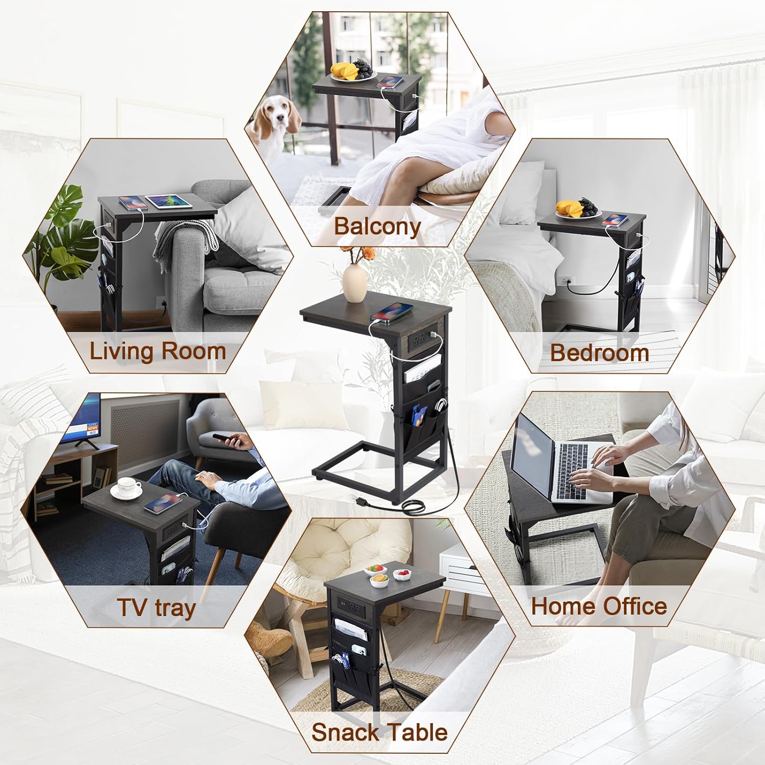 AMHANCIBLE Couch Table, C Shaped End Table with Charging Station, TV Tray Set of 2, Side Table with Storage for Couch, Dark Grey HET04CDG