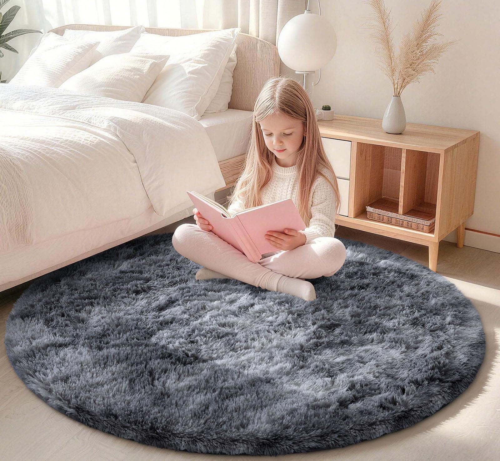 Homaxy Fluffy Rugs Living Room, Soft Shaggy Anti Slip Non Shedding Carpet, High Pile Modern Washable Area Rug for Nursery Bedroom, Easy Care Home Decor, Round 120 cm, Dark Grey