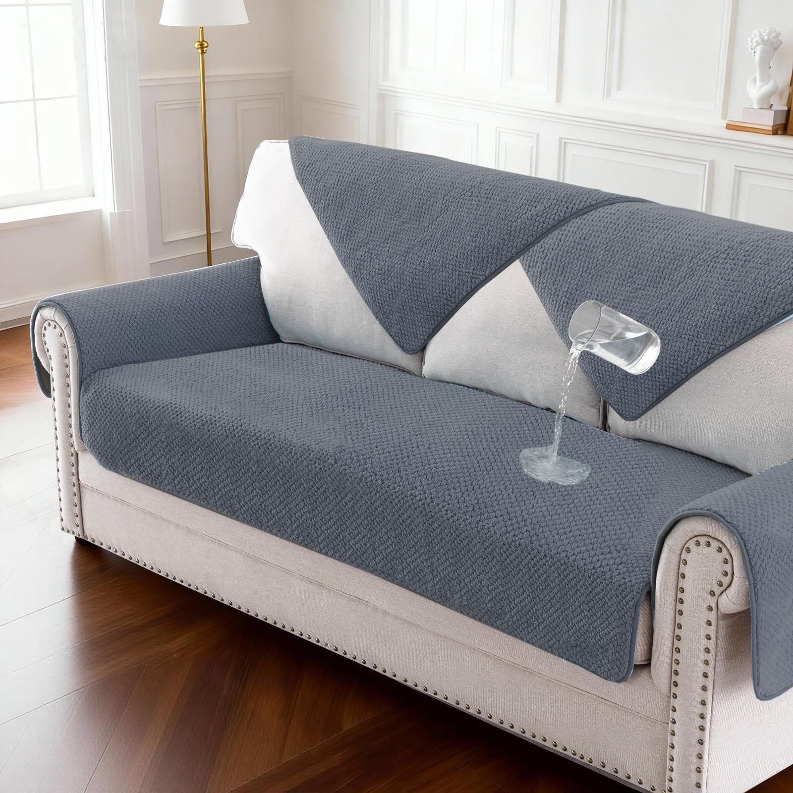 BellaHills Waterproof Sofa Cover 1 2 3 Seater Washable Non-Slip Seat Cushion Covers Flannel Couch Covers for Sectional Sofa, Sofa Slipcovers L Shaped Furniture Protector, 90x210 cm, Grey
