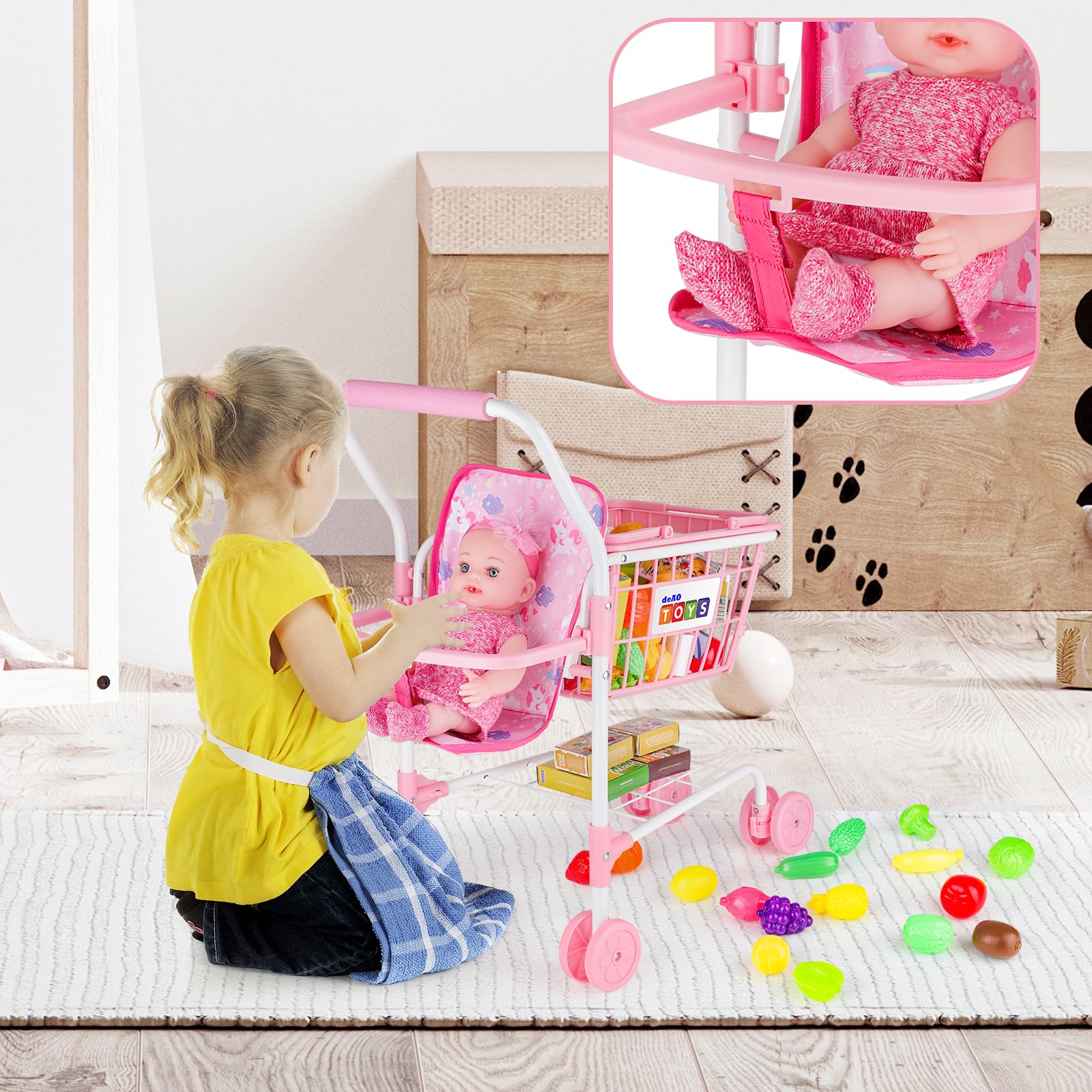 deAO Chariot de Courses pour Enfants 3 Ans+, Caddie Jouet avec Siège pour Poupée, 31 Aliments Jouets Billets Argent, Sac à Provisions, Jeu de Rôle Magasin, Cadeau Enfant Rose