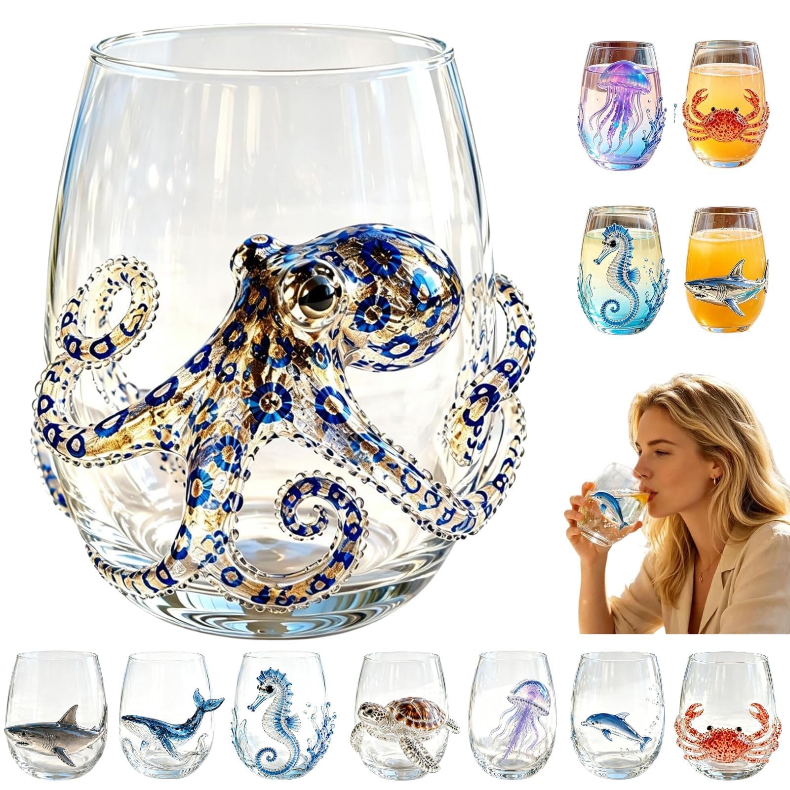 ByteCraft Artisanal Blue Ringed Octopus Glassware, Artistic 3D Octopuses Stemless Wine Glasses, Handcrafted Marine Animal Bar Glass, Coastal Home Decor Gift for Ocean Lovers (Octopus) — image 1