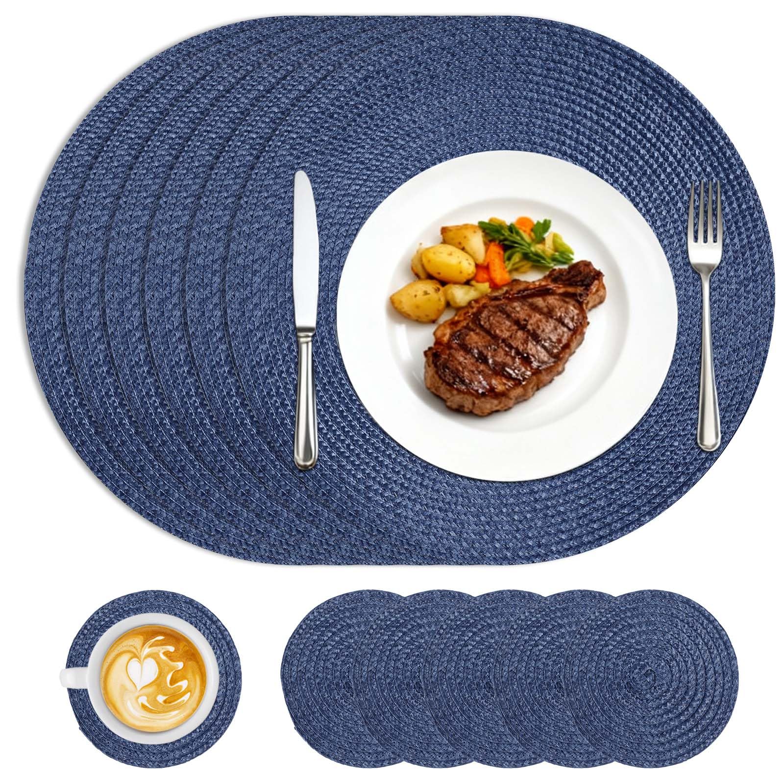Homcomodar Round Placemats and Coasters Set of 6 Braided Woven Table Mats Washable Heat Resistant Place Mats for Tables Blue Placemats for Home Kitchen, Dining Table, Outdoor,34cm โ image 1