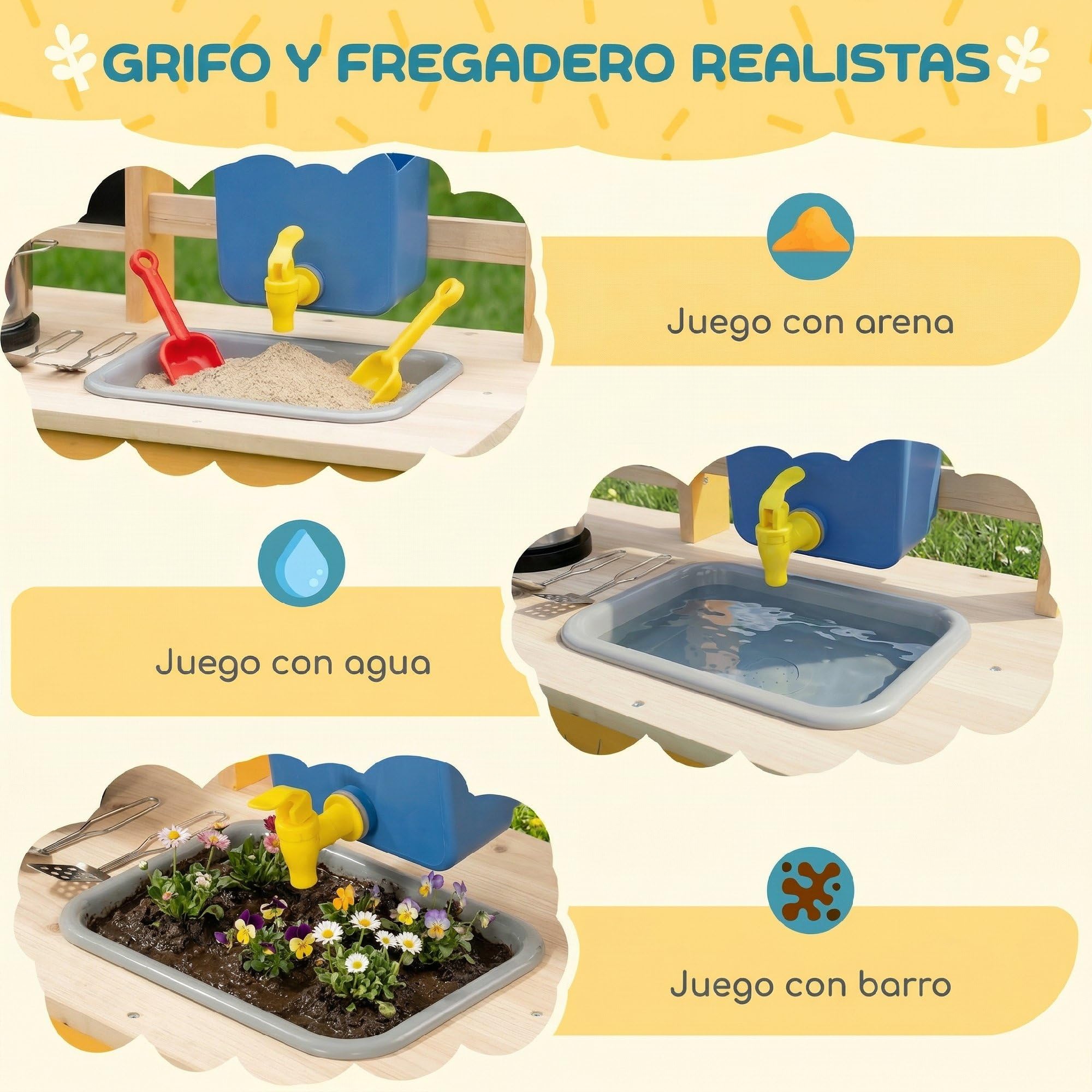 AIYAPLAY Cocina de Juguete Exterior con Ruedas, Cocinita Infantil de Madera con Agua Real, Fregadero, Estufas, Estantes, Macetas, Pizarra y 15 Accesorios, 84,2x34,4x90 cm, Amarillo