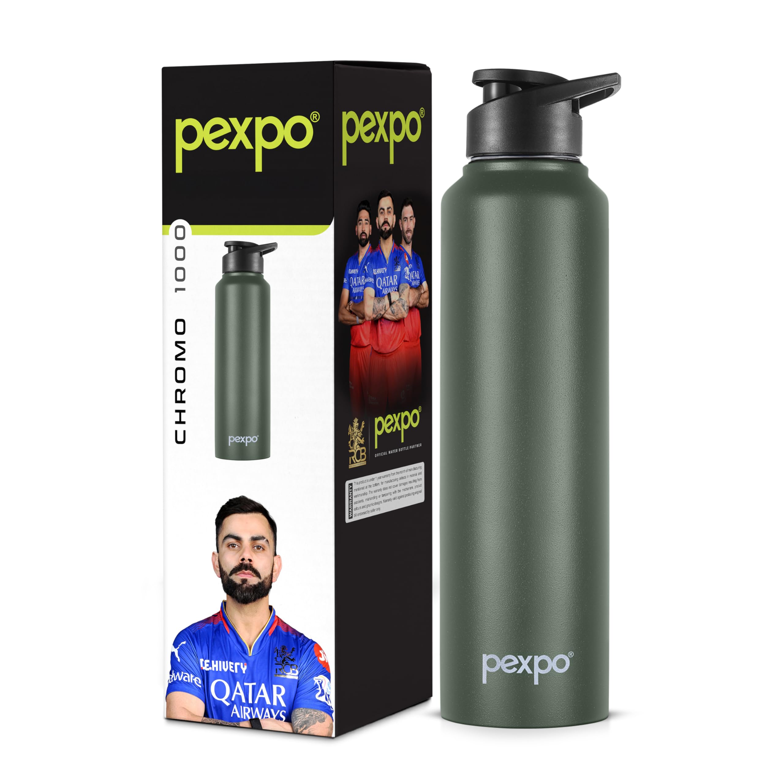 PEXPO Chromo Stainless Steel Sports/Fridge Sipper Water Bottle 1 Litre, Military Green | Eco friendly | BPA Free | Water Bottle for Office, Gym, School, Yoga, Trekking, Men, Women and Kids