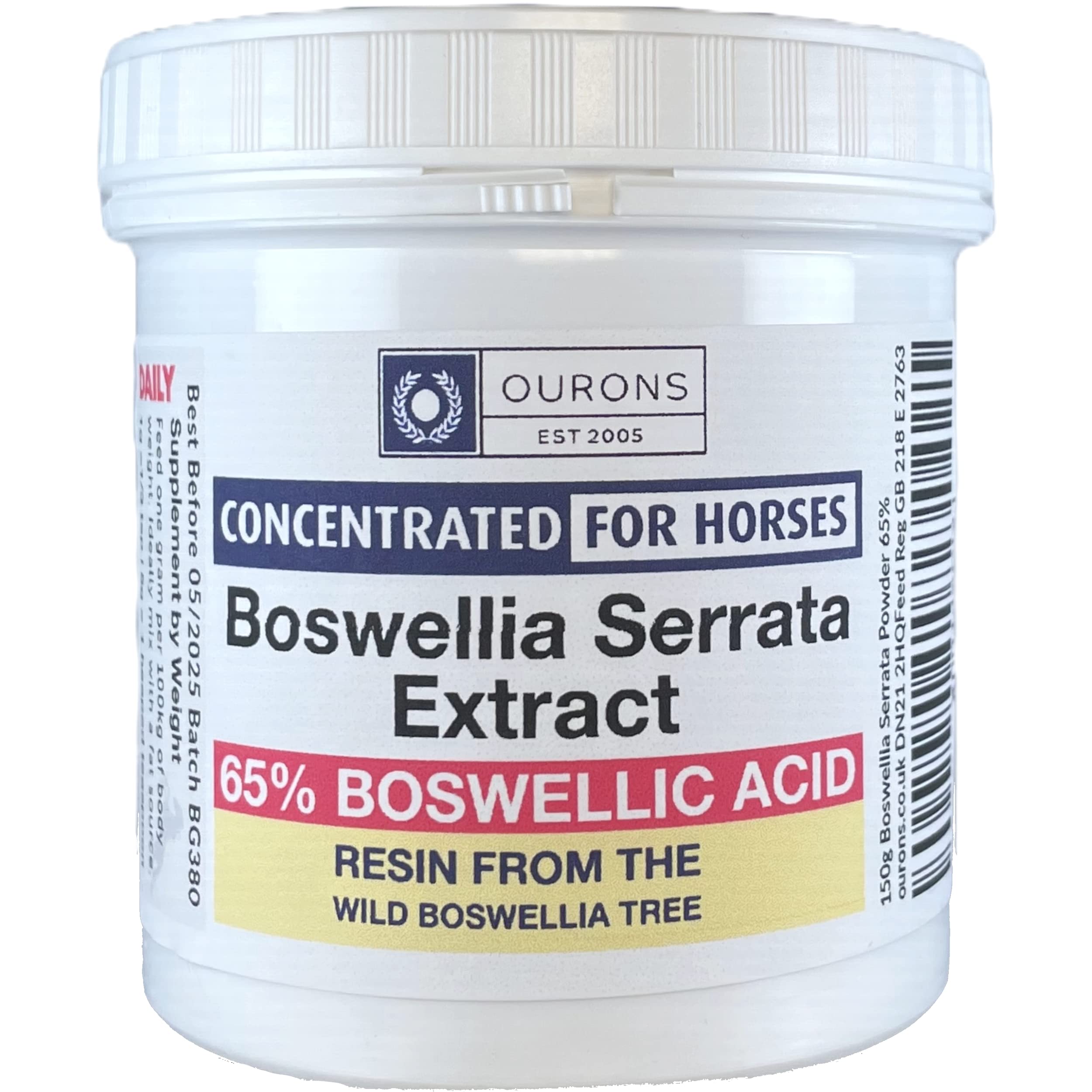 Boswellia Serrata Poudre 150g Chevaux – 65% acides boswelliques | 65 % d'acides boswelliques; extrait d'encens, soutient le confort et la mobilité articulaires du cheval – composition pure