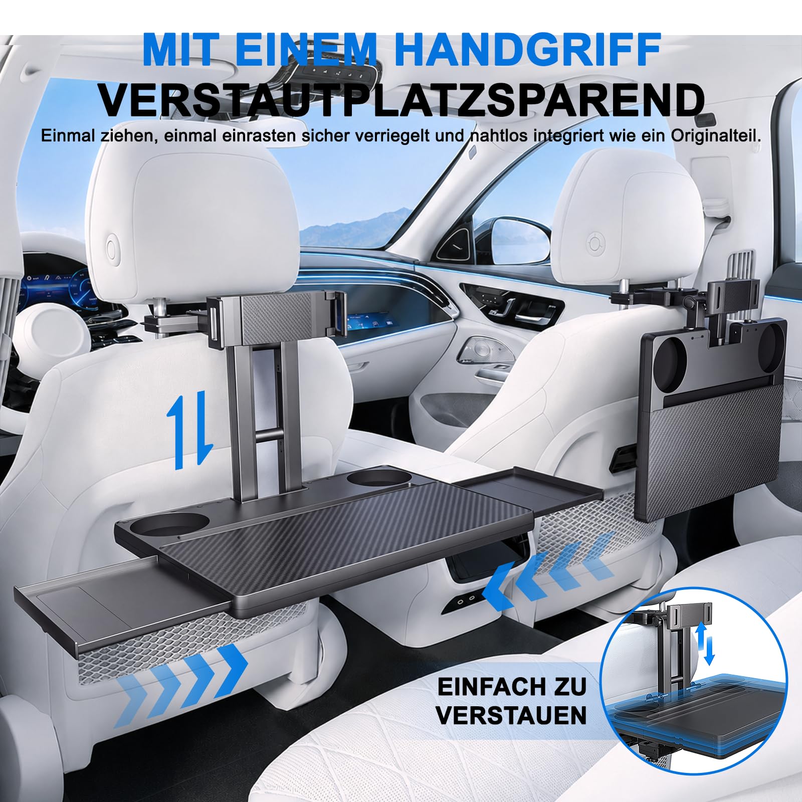 2 in 1 Auto Tisch für Beifahrer und Lenkrad | Klappbarer Auto Tisch für Rücksitz mit Getränkehalter und Handyhalter, Laptop-Schreibtisch für für Reisen, Arbeiten, Essen