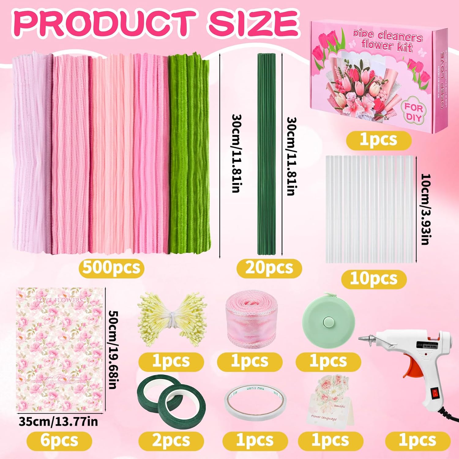 Natonhi Pipe Cleaner Flower Kit, 5 Colors 500 Pcs Chenille Stems Pipe Cleaners for DIY Flower Making with Glue Guns & Tape Measure Set for Handmade Bouquets, Crafts,Gifts & Party Decorations