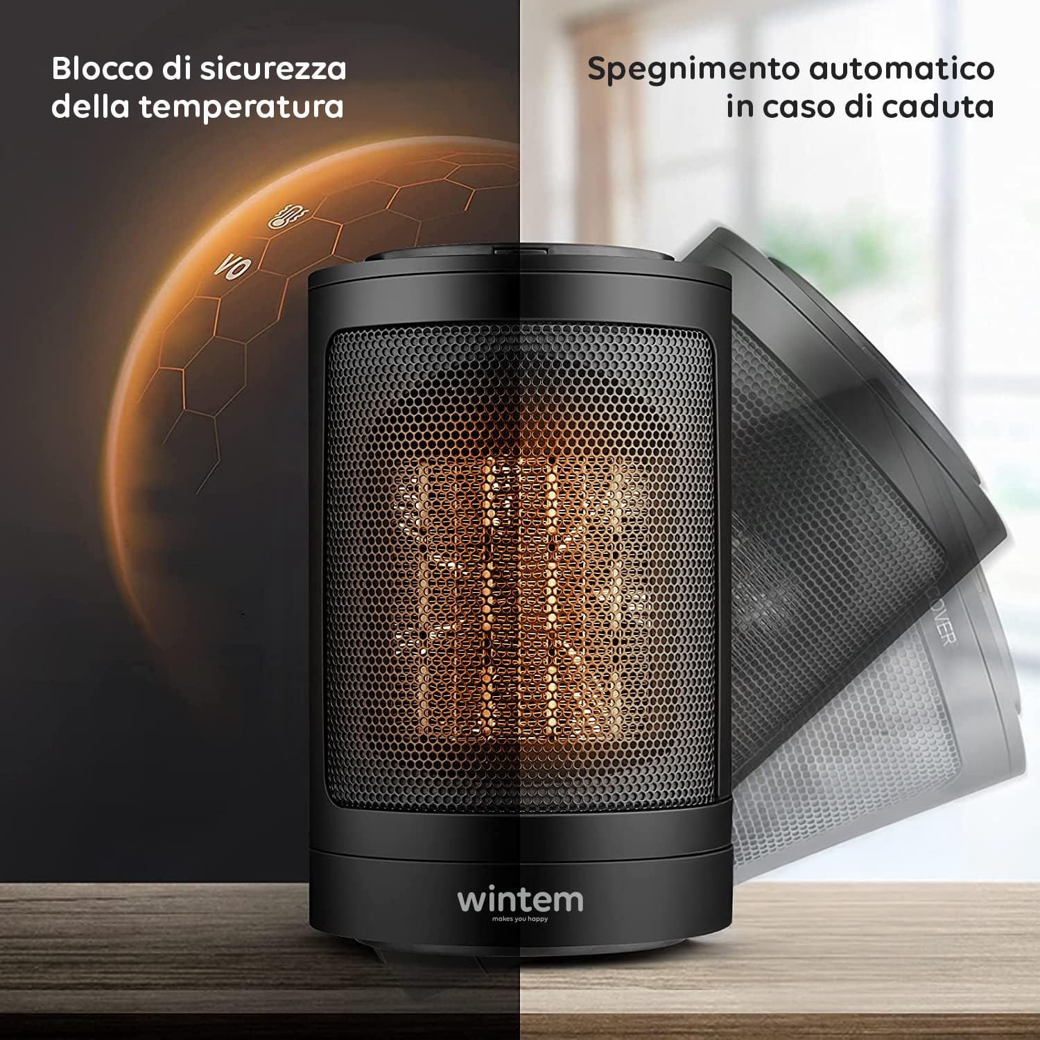 Wintem Termoventilatore da Tavolo 1500W Oscillante e a Basso Consumo - Ideale per un Riscaldamento in Pochissimo tempo in Camera, Bagno o Ufficio con 2 Livelli di Potenza