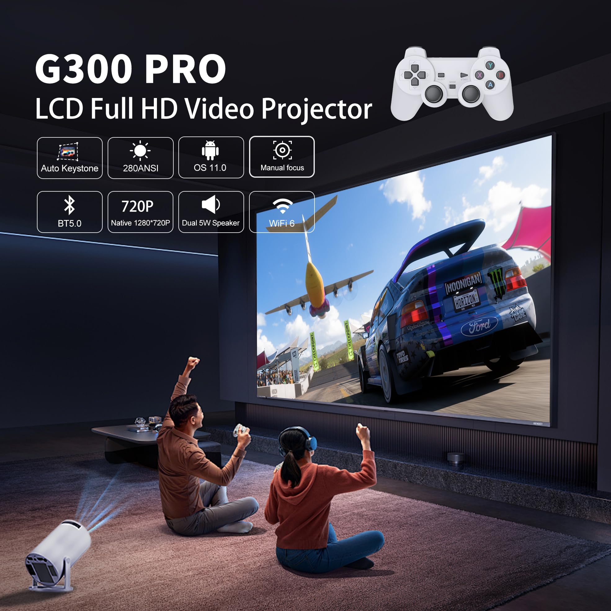 M300 Max Aggiornata, Proiettore per videogiochi, proiettore per giochi, + 2 controller wireless, console per giochi retrò plug and play, 20000 giochi Console per videogiochi retrò 720P