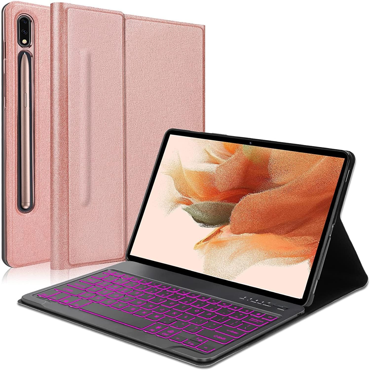 Samsung Galaxy Tab S8 Plus/S7 FE/S7 Plus Keyboard Case 12.4 inch -7 Color Backlight Keyboard- Detachable Bluetooth Backlit Keyboard for Tab S7 FE 2021/S7+ 2020/S8+ 2022 with S Pen Holder, Rose Gold