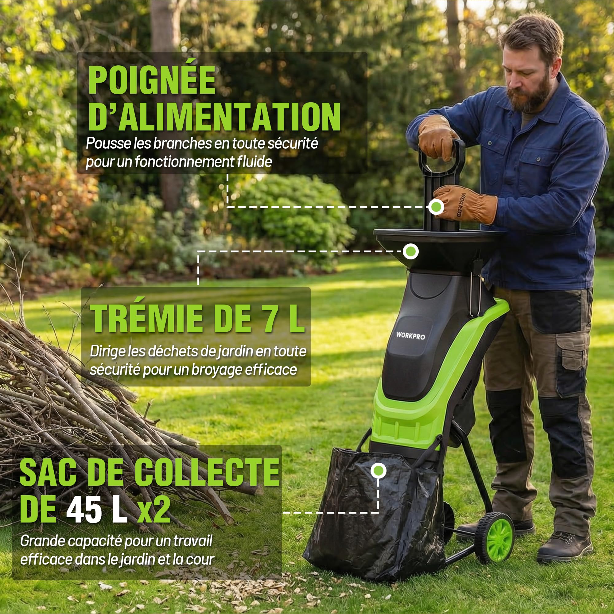 WORKPRO Broyeur de Végétaux Électrique 2500W, Coupe Max Fresh Branches 44 mm, Branches Sèches 30-35 mm, Lames SK5 Double Tranchant, 2 Sacs 45L, Trémie 7L, avec Sécateur et Roues 18 cm