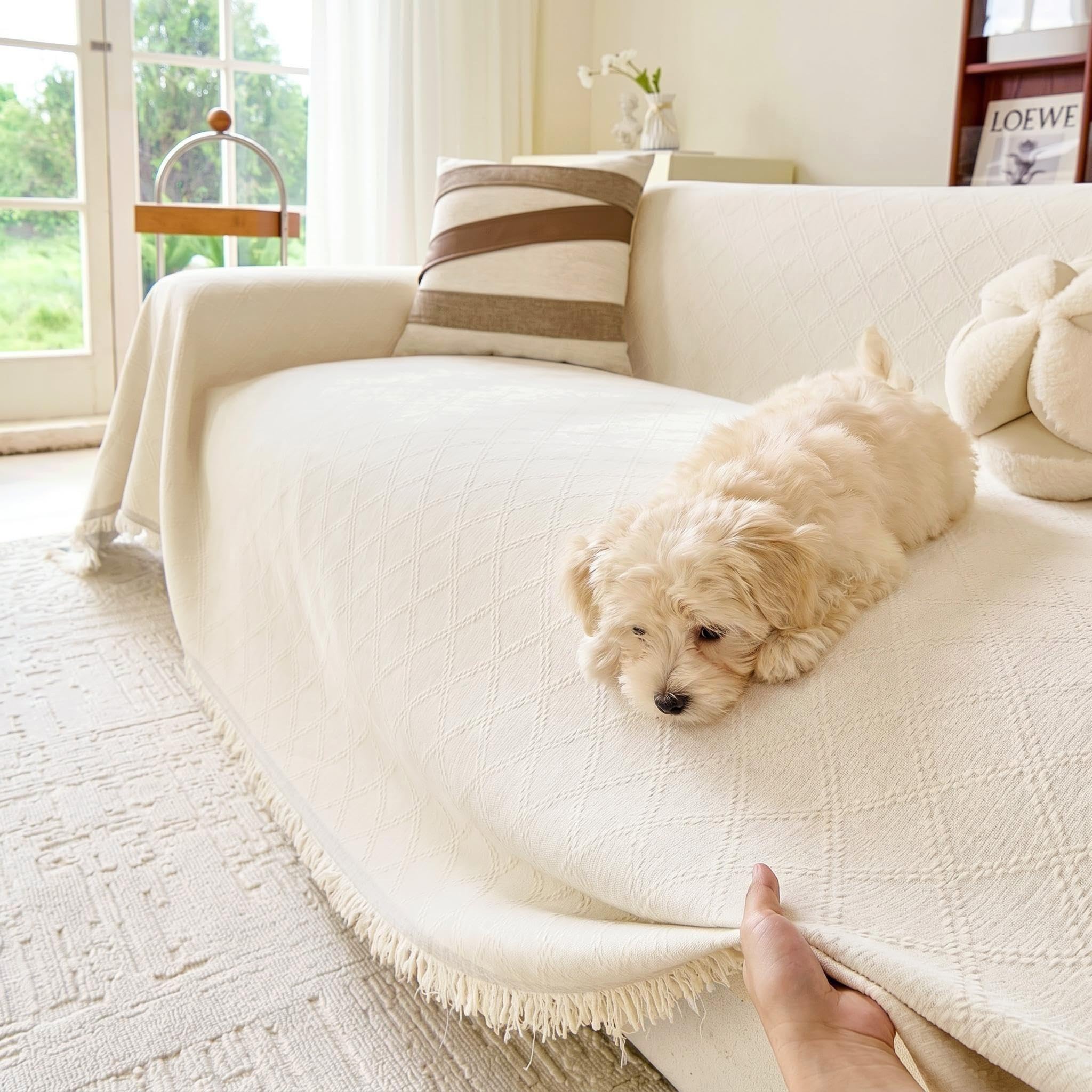 Photo 1 of VANJOROY Beige Couch Sofa Cover for 3 Cushion Sectional Sofa L-Shape -Washable Chenille Couch Cover for Dogs Pets, Couch Cover Protector Soft Sofa Slipcovers with Tassel,71"x 134"