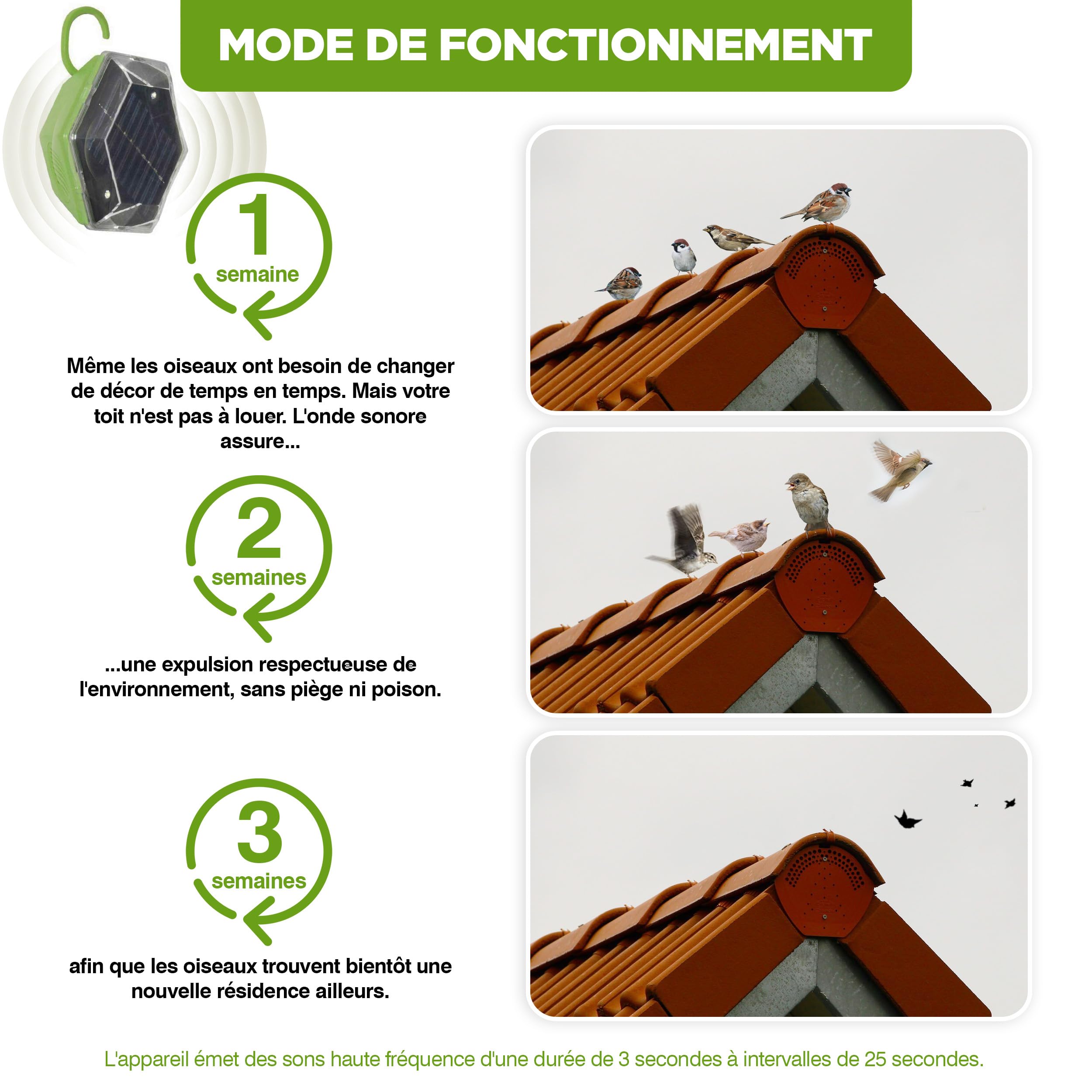 ISOTRONIC Répulsif Solaire Flash et ultrasons – Éloigne Pigeons et Oiseaux – Portée 150 m² – 1 unité