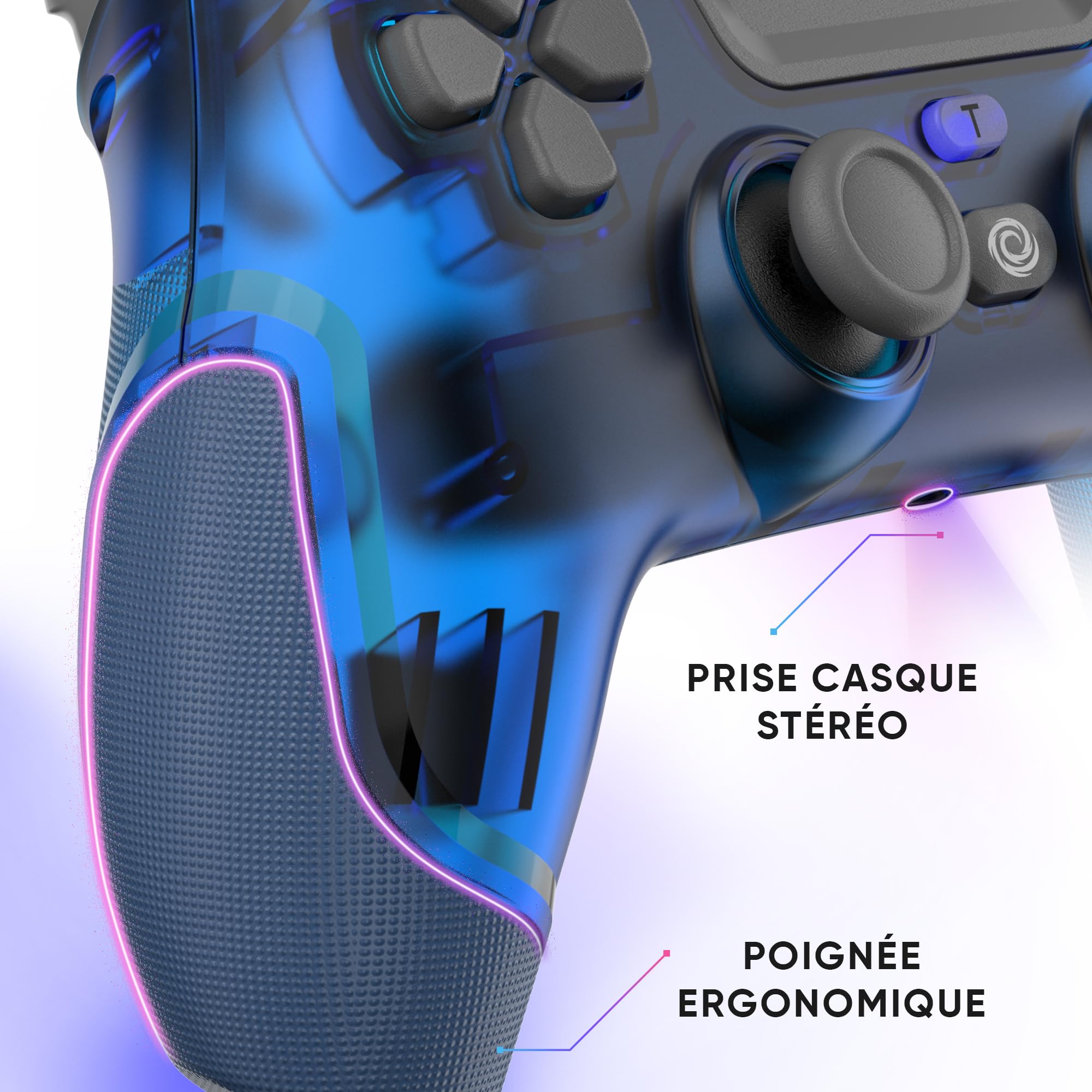 Oniverse Manette PS4 PS3 PC ANDROID iOS, sans fil, Sortie Casque Stéréo, Vibrations réglables, Pavé tactile, boutons macro, mode Turbo, Wake up, Gyroscope 6 axes, Revolt (Neptune Blue/Bleu)