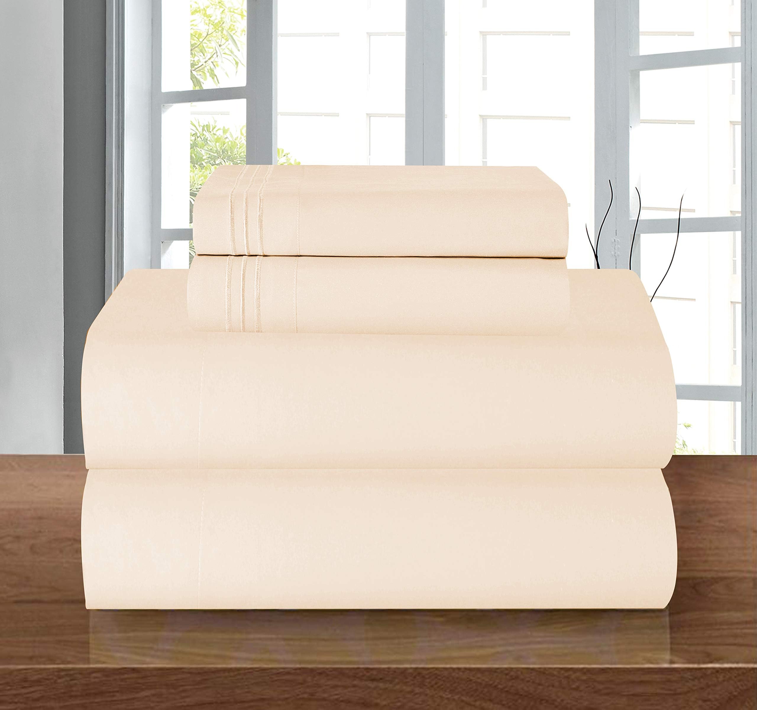 Luxury 1500 Premium Hotel Quality Microfiber 4-Piece Sheet Set - Wrinkle Resistant, All Around Elastic Fitted Sheet, Deep Pocket up to 16", Queen, Cream