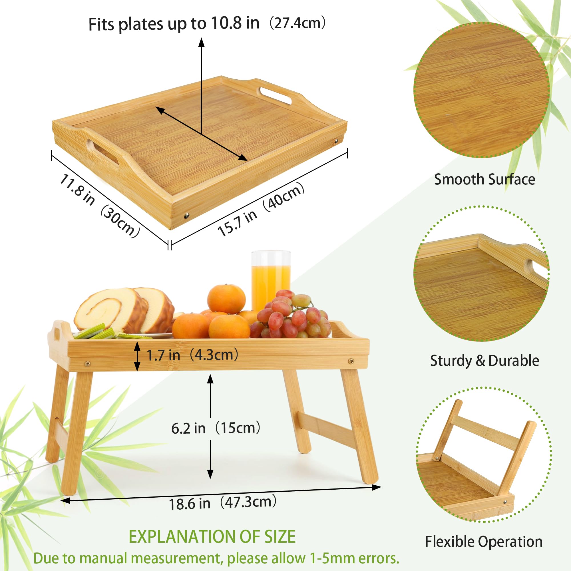 TOPULORS Bandeja de desayuno en la cama con patas plegables, bandeja de bambú de 15.7 x 11.8 pulgadas, mesa de cama plegable para comer, trabajar, soporte para tableta y laptop, bandeja de aperitivos
