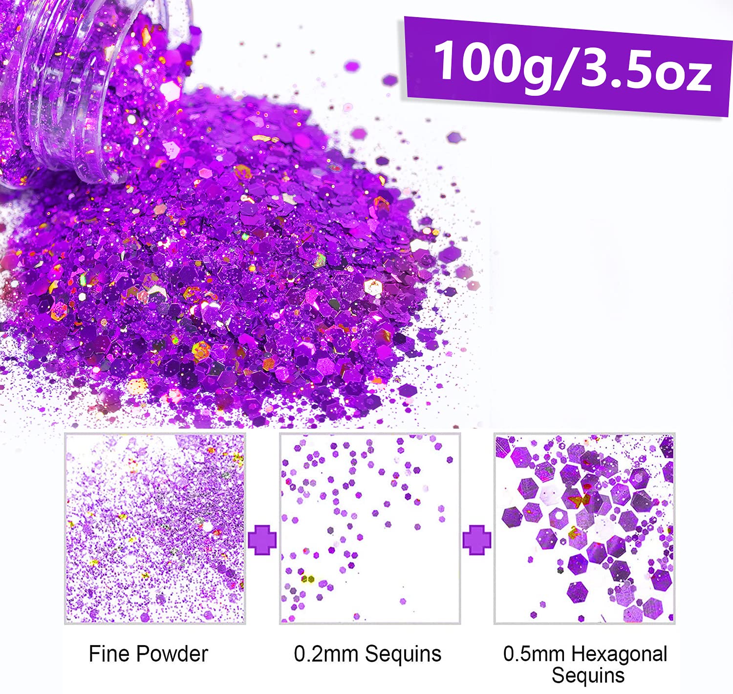 HEMOER Holograficzny duży brokat, 100G fioletowy brokat, cekiny do twarzy, ciała, włosów, żywicy epoksydowej, brokat do twarzy - Total 3,52 oz fioletowy