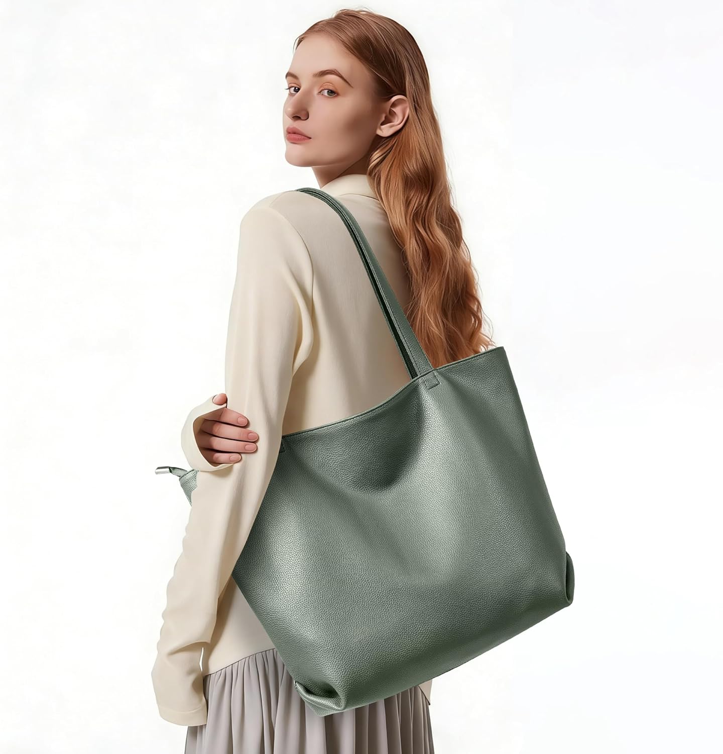 WLLWOO Soft Vegan Leather Tote Bag for Women Large Casual Hobo Handbags Zipper Shoulder Work Daily Weekender Travel Purse
