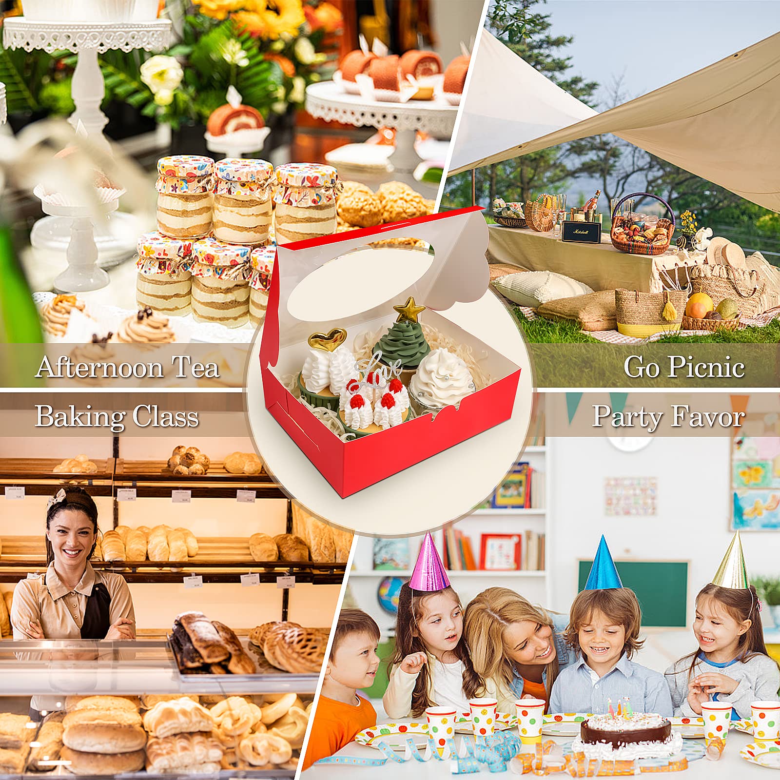 KPOSIYA 65 cajas de galletas de 8 x 6 x 2.5 pulgadas con ventana, cajas de panadería rojas para regalo, golosinas, postres, cupcakes, chocolate, fresas, donas, magdalenas (5 ventanas de estilo)