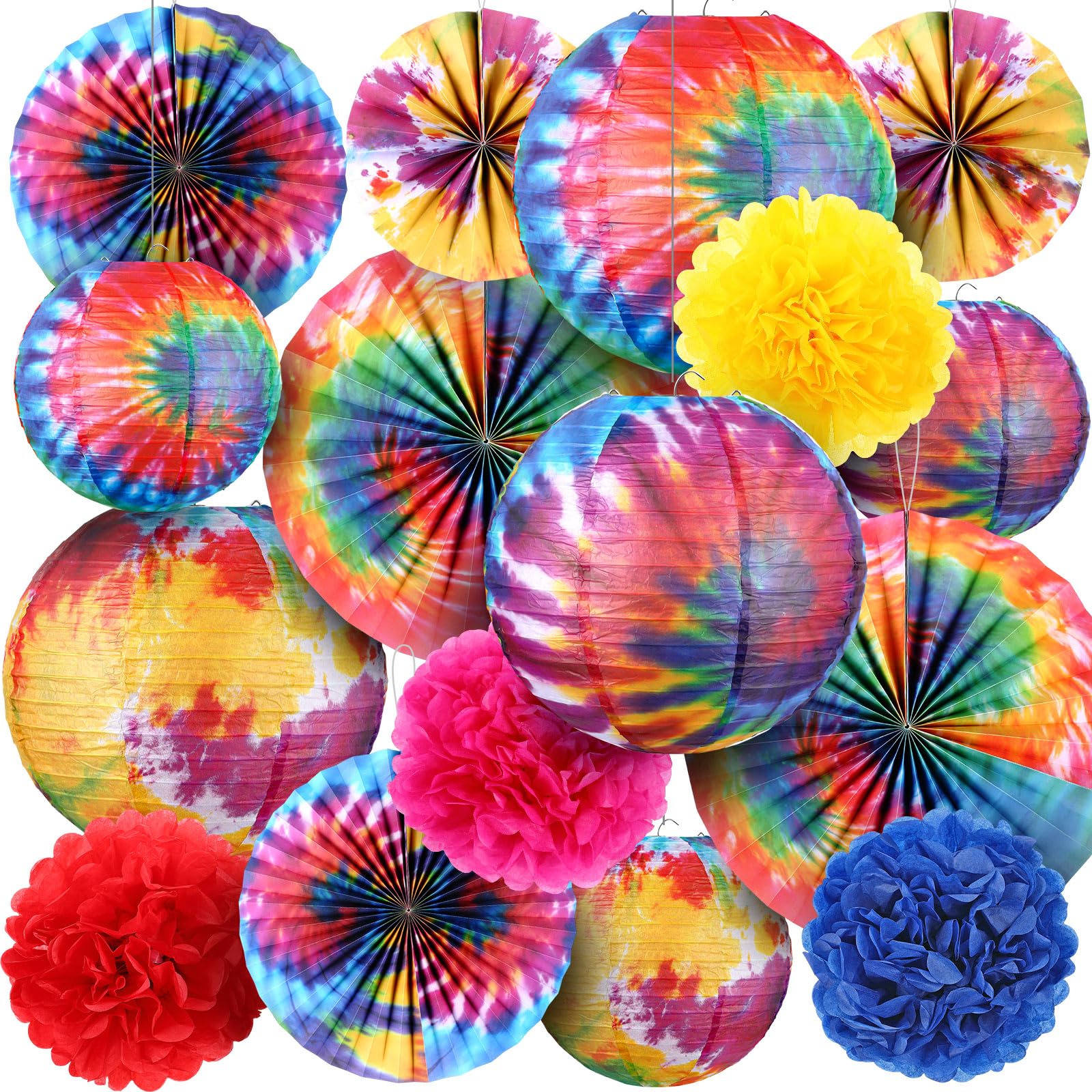 Hortsun 16 Pcs Tie Dyed Party Decorations Include 6 Pcs 12 "and 6" Groovy Hippie Hanging Paper Lanterns,6 Paper Fans -3 Size and 4 Flowers,60s Party
