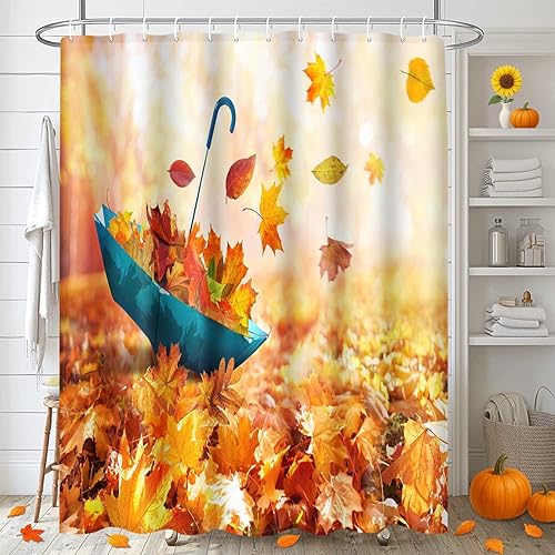 Miniatura 6 de Arttown Juego de baño de otoño con cortina de ducha y alfombras y accesorios, juego de cortina de ducha de paraguas de otoño de hoja de arce,