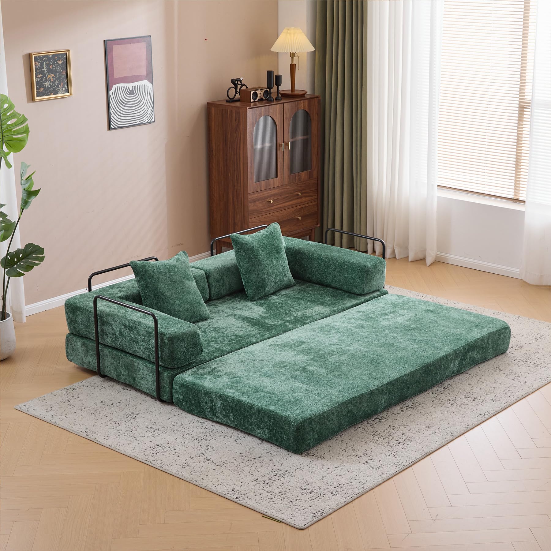 Keainvren Folding Sofa Bed, Convertible Sleeper Sofa Chenille Floor Couch with Pillows, Fold Out Couch, King Size Bed Futon, Foldable Memory Foam