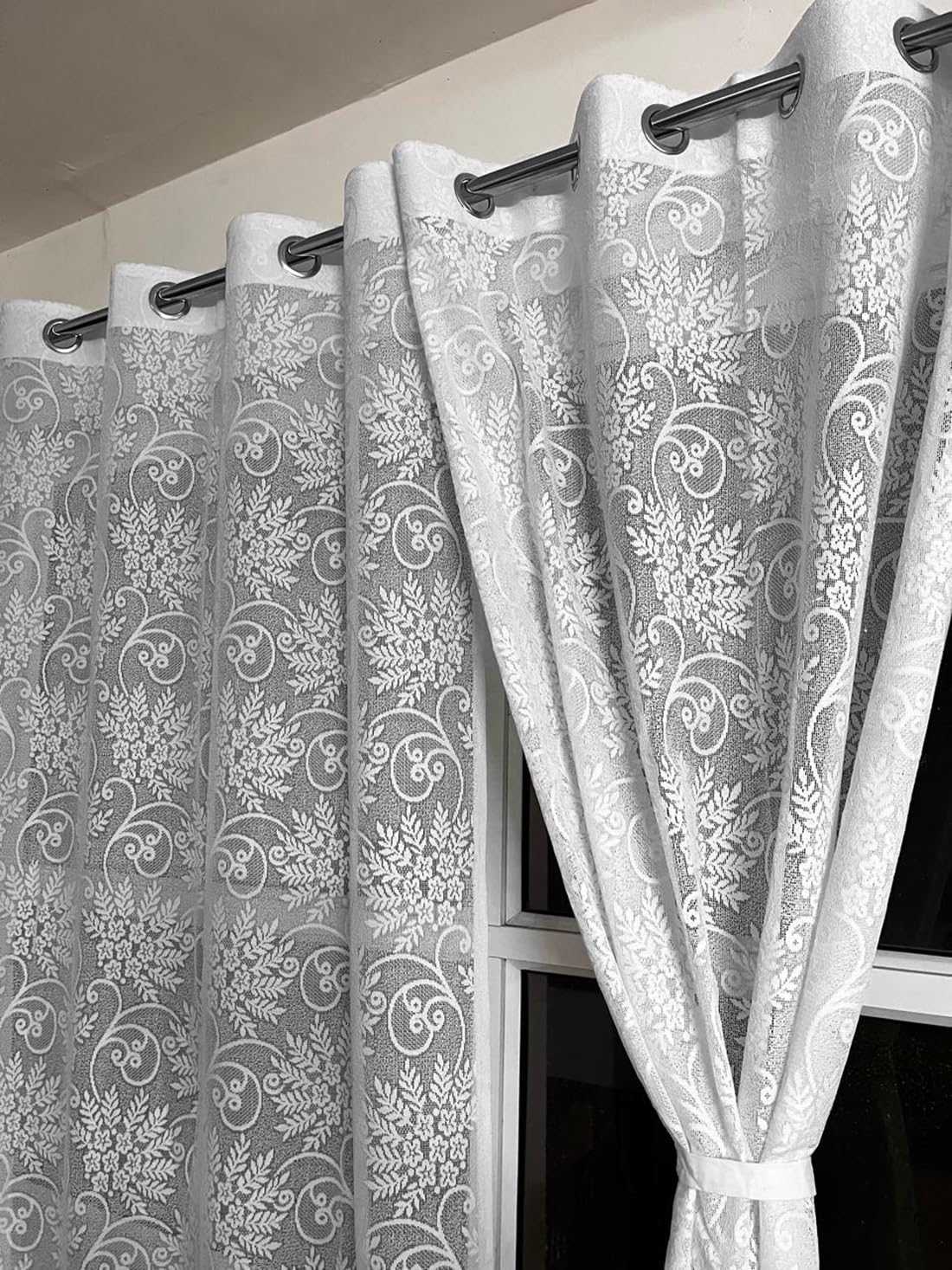 Fabrilia Semi Sheer Floral Net Grommet Curtains for Window 5 Feet Long Set of 2, White