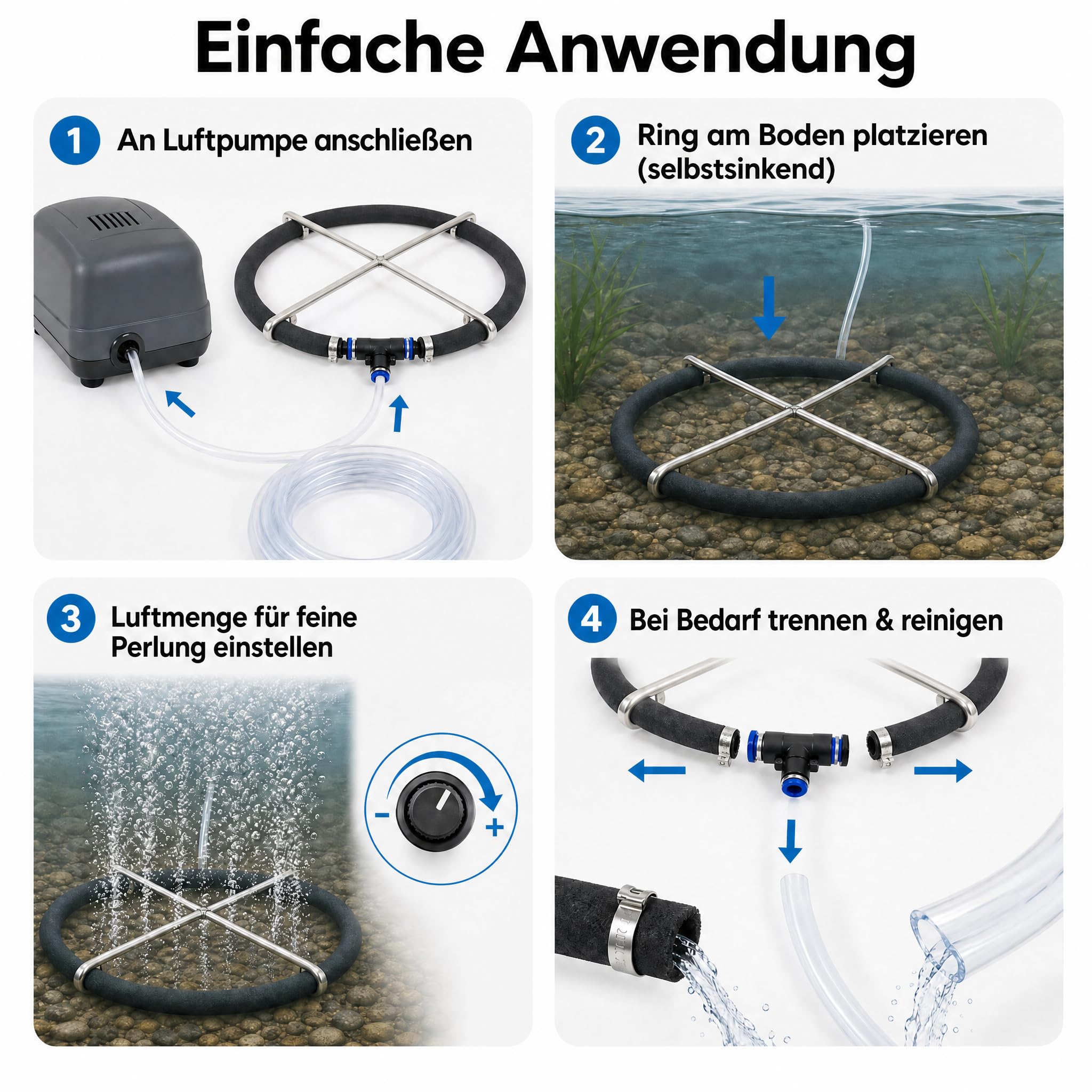 Pondlife Teichbelüfter Belüfterring 50 cm, japanischer Luftausströmer, selbstsinkend mit Edelstahlkreuz, feine Perlung, für Teichbelüftung, Koi-Teich und Filterkammern, Schlauch mit Innenmaß 16 mm
