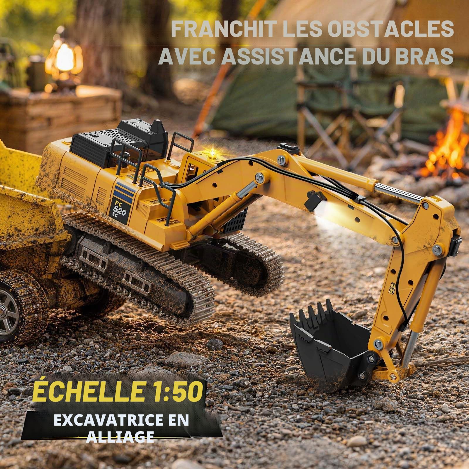Pelleteuse télécommandée 1:50 en métal, Mini Pelle RC avec Tourelle à Rotation illimitée, Godet en métal, chenilles métalliques, télécommande LCD 2,4 GHz, 2 Batteries, RTR, pour bac à Sable
