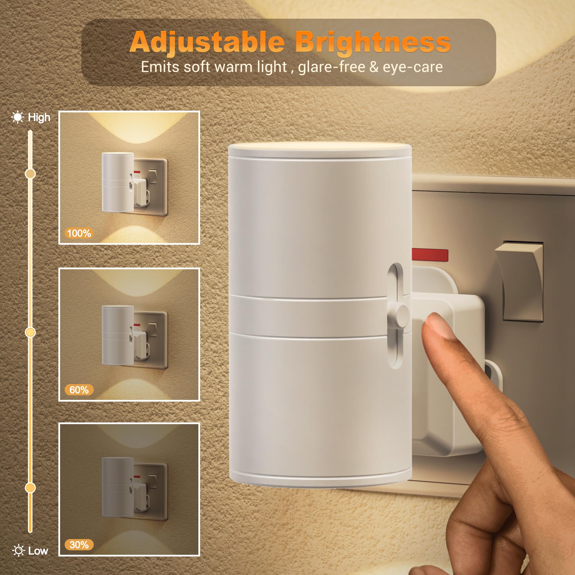 JandCase Night Light, Night Light Plug in Wall with Dusk to Dawn Sensor, 0-100LM Adjustable Brightness, 3000K Warm White - Image 2