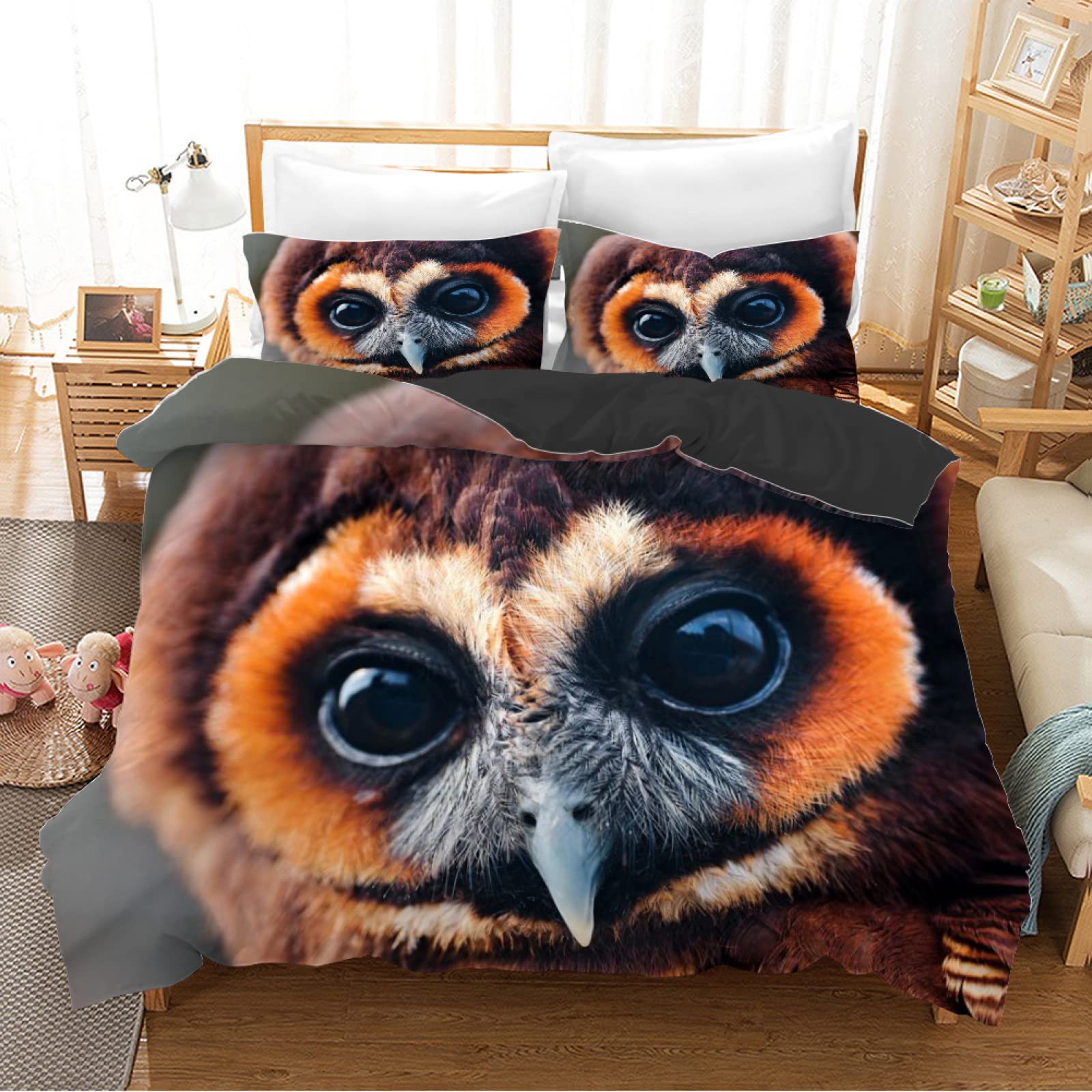 Housse de couette 140x200 oiseau brun avec taies d'oreiller 65x65 pour lit enfant et ado fille garçon