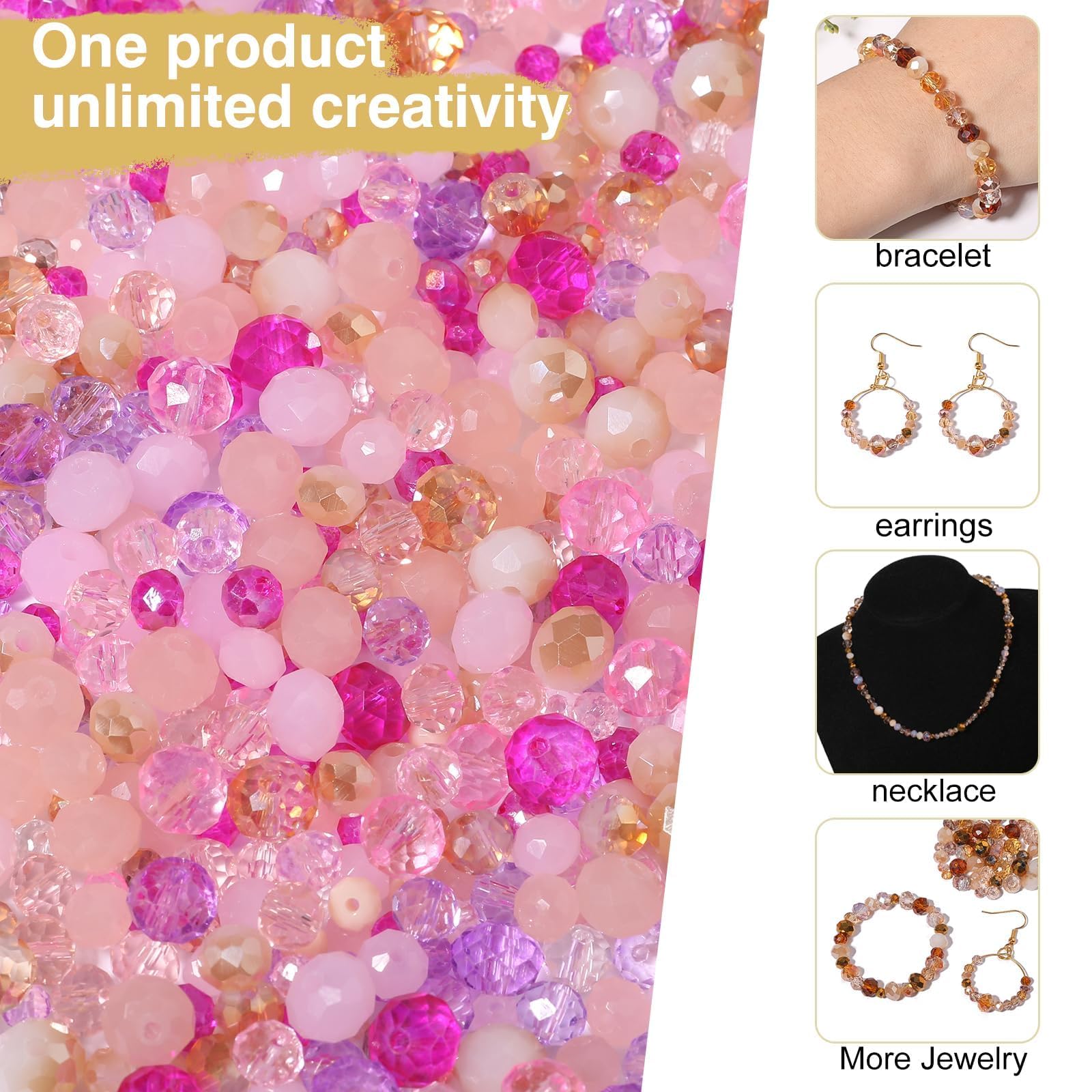 Songxi Lot de 1 000 perles en verre rose de 4 mm/6 mm/8 mm pour la fabrication de bijoux, 5 styles et 3 tailles - Perles d'espacement pour la fabrication de porte-clés, colliers, boucles d'oreilles