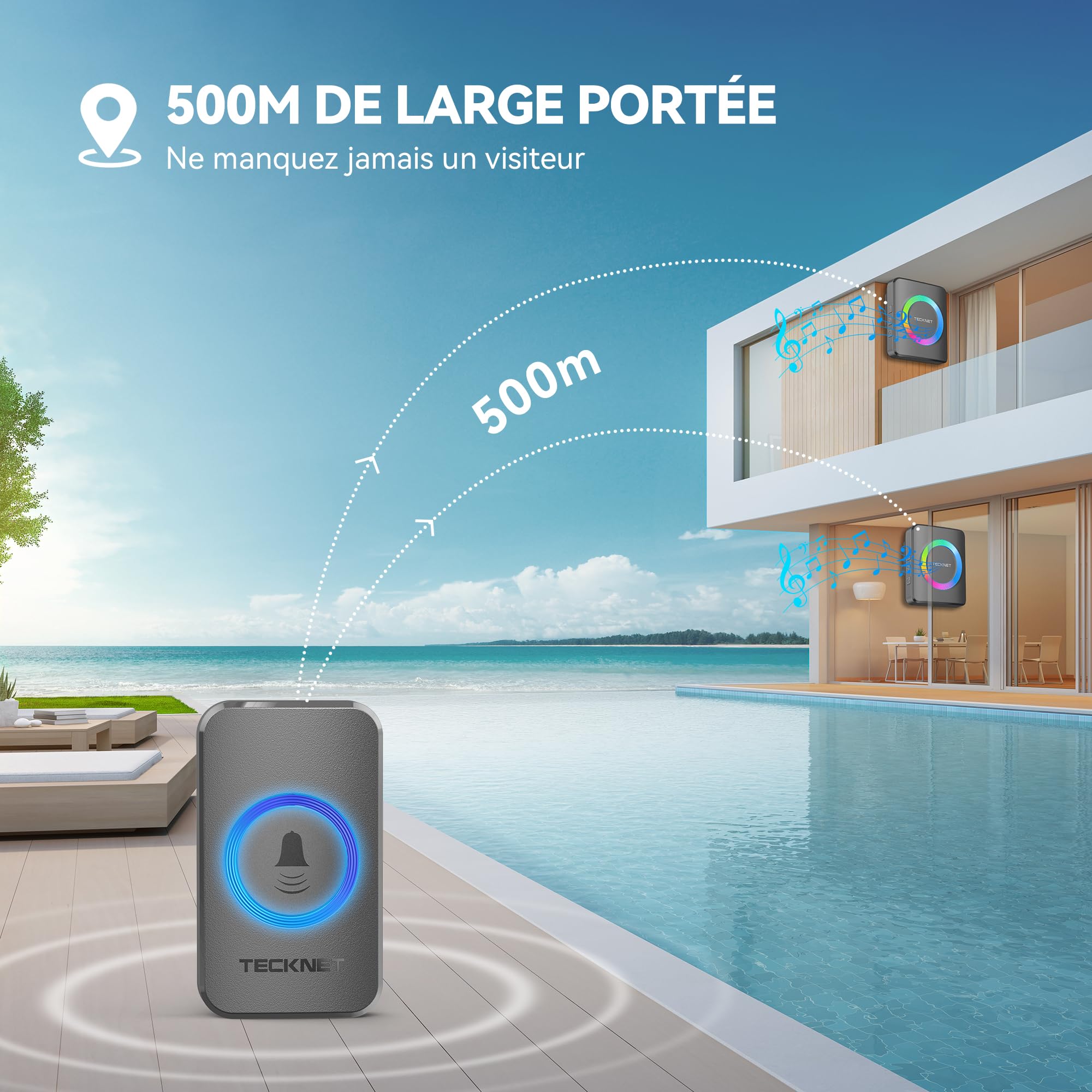 TECKNET Sonnette sans Fil, IP65 Exterieur Étanche Sonnette Sans Fil 500 Mètres Two Récepteur Sonnette Electronique, 60 Mélodies 5-Niveaux Éclairage RVB, pour Maison, Hôtel, Urgence